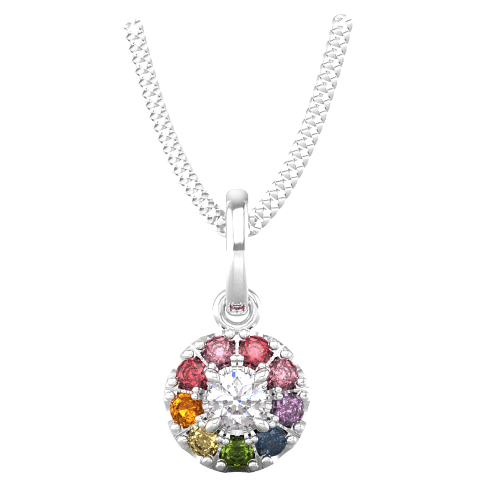 By Request 18ct White Gold Diamond & Rainbow Sapphire Halo Pendant & Chain
