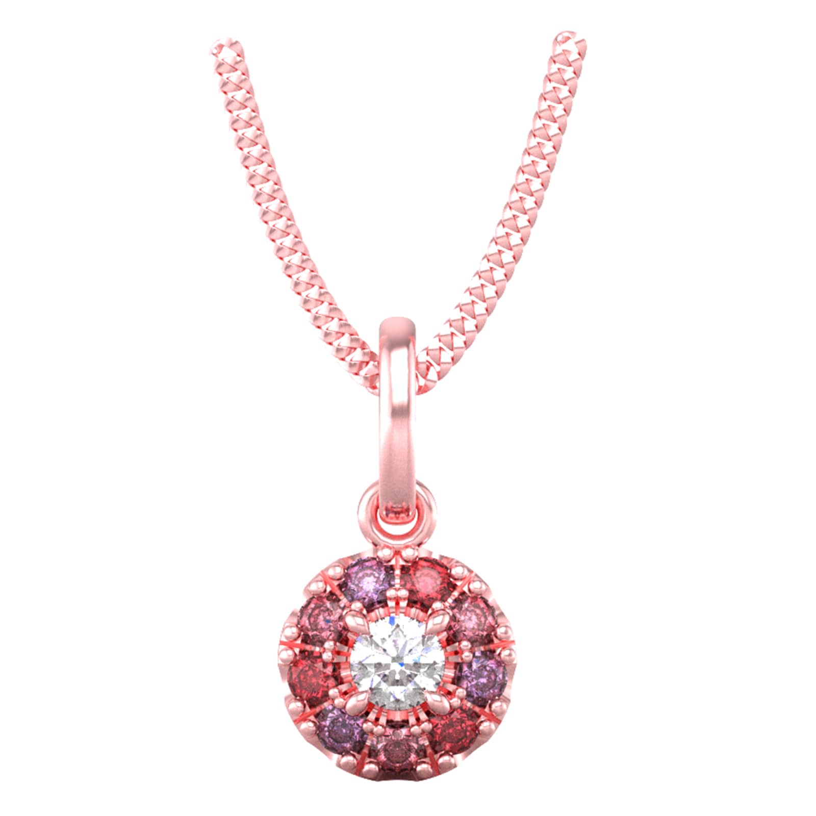 9ct Rose Gold Diamond & Pink, Red, Purple Sapphire Halo Pendant & Chain