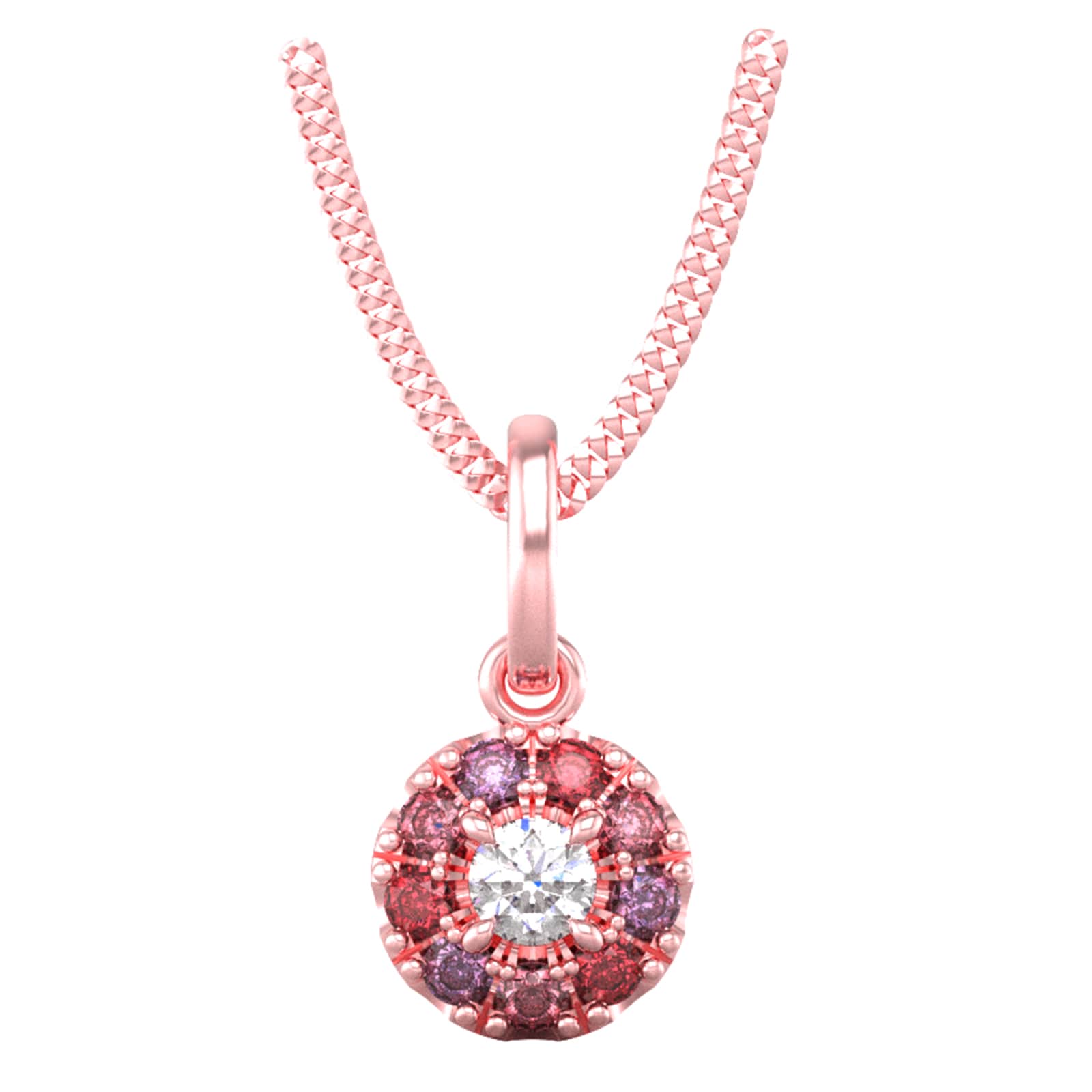 18ct Rose Gold Diamond & Pink, Red, Purple Sapphire Halo Pendant & Chain
