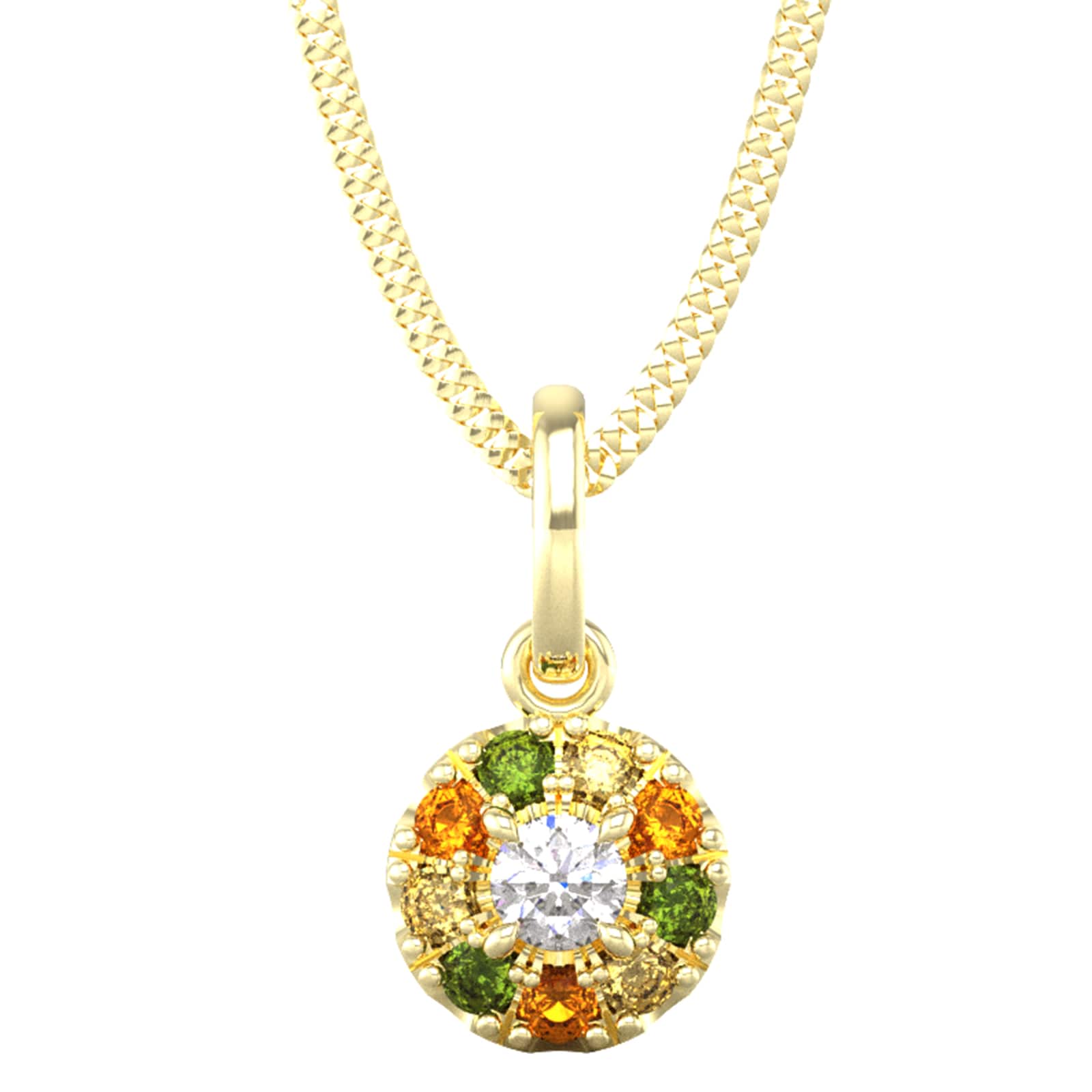 By Request 9ct Yellow Gold Diamond & Yellow, Orange, Green Sapphire Halo Pendant & Chain