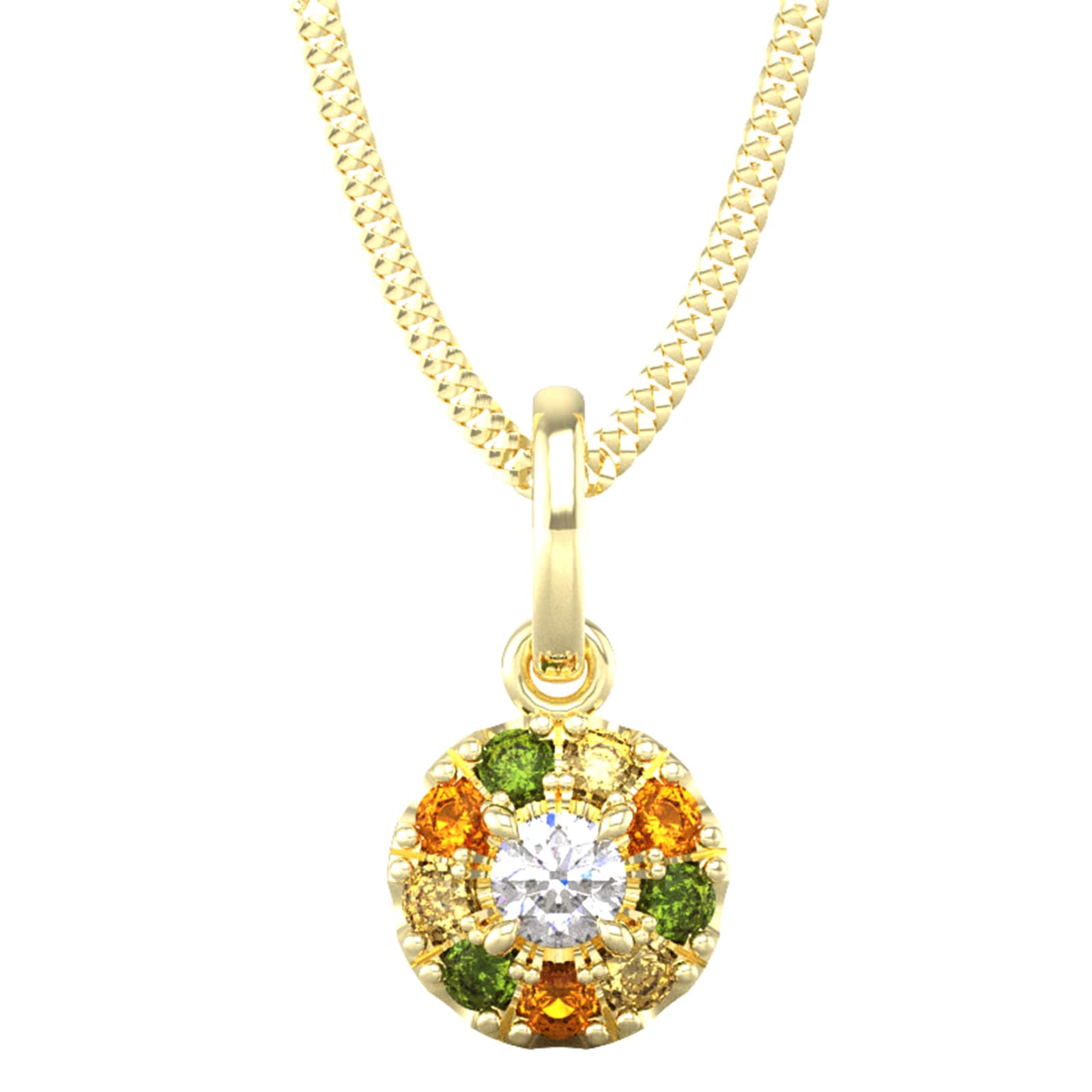 18ct Yellow Gold Diamond & Yellow, Orange, Green Sapphire Halo Pendant & Chain