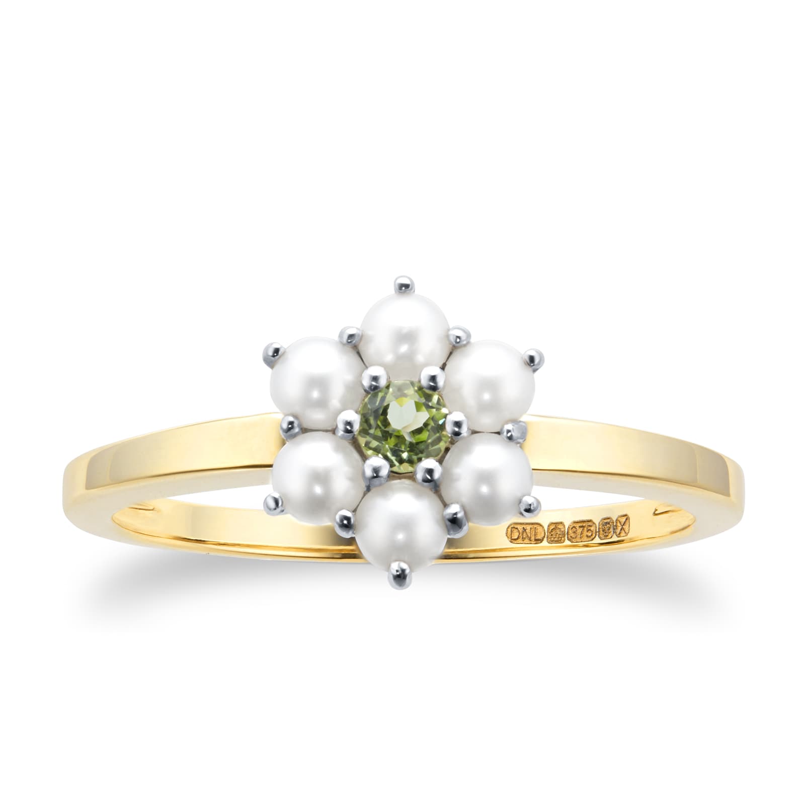 9ct Yellow & White Gold Peridot & Fresh Water Pearl 7 Stone Daisy Cluster Ring - Ring Size M.5