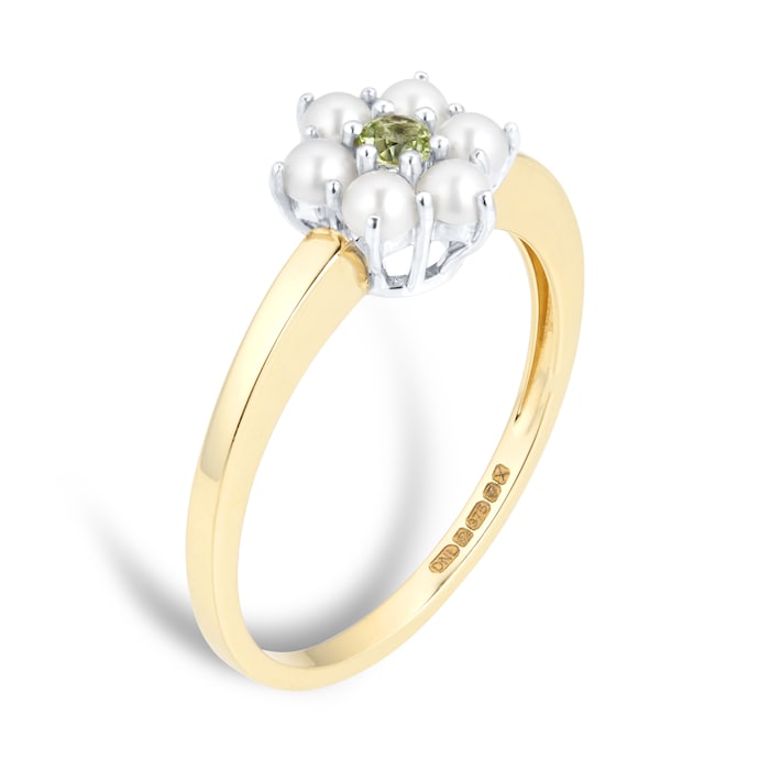By Request 9ct Yellow & White Gold Peridot & Fresh Water Pearl 7 Stone Daisy Cluster Ring