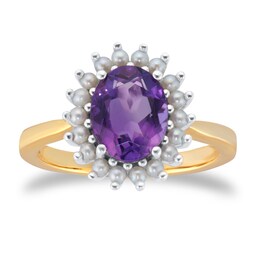 37893168 - 9ct Yellow & White Gold Amethyst & Fresh Water Pearl Cluster Ring