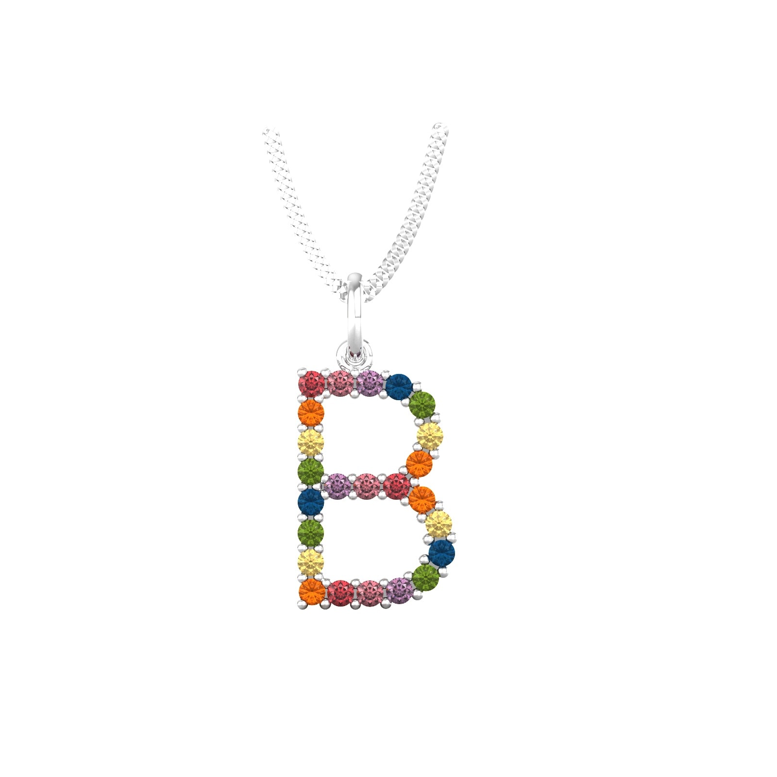9ct White Gold Rainbow Sapphire Initial B Pendant & Chain