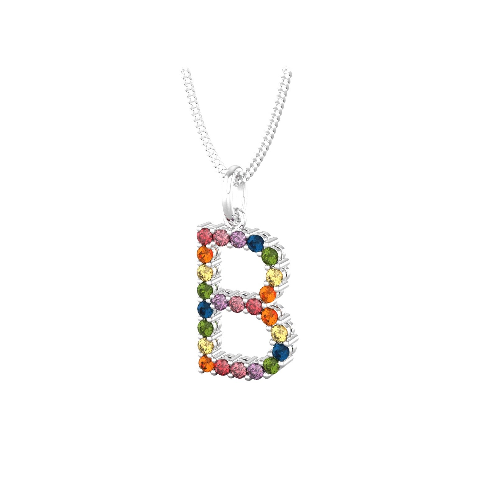 By Request 9ct White Gold Rainbow Sapphire Initial B Pendant & Chain