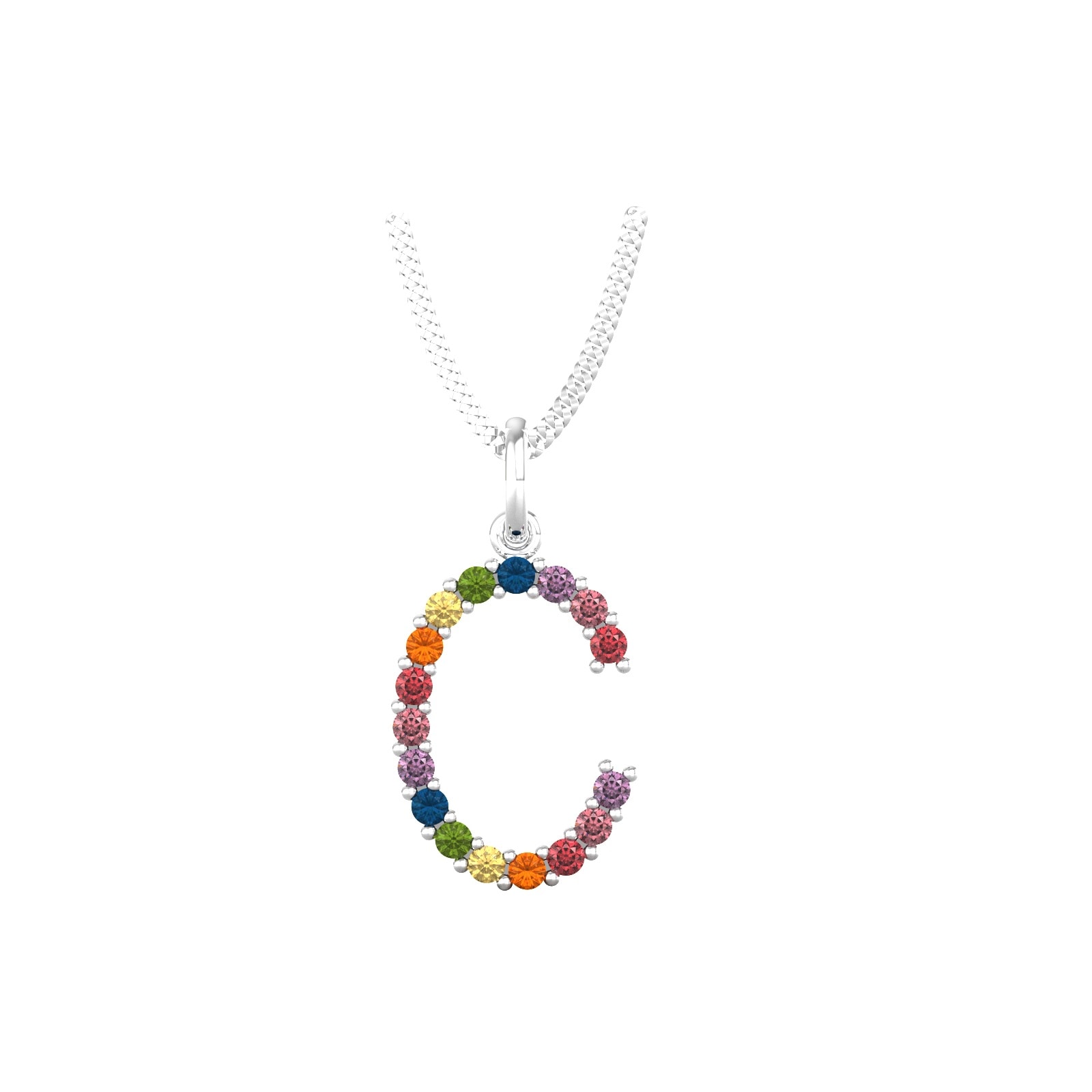 9ct White Gold Rainbow Sapphire Initial C Pendant & Chain