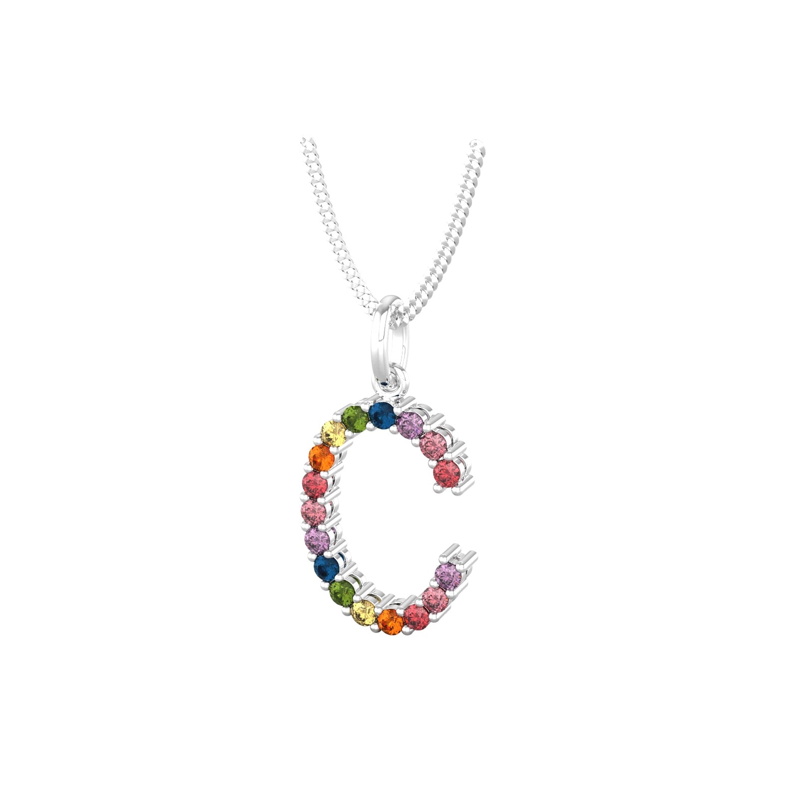 By Request 9ct White Gold Rainbow Sapphire Initial C Pendant & Chain