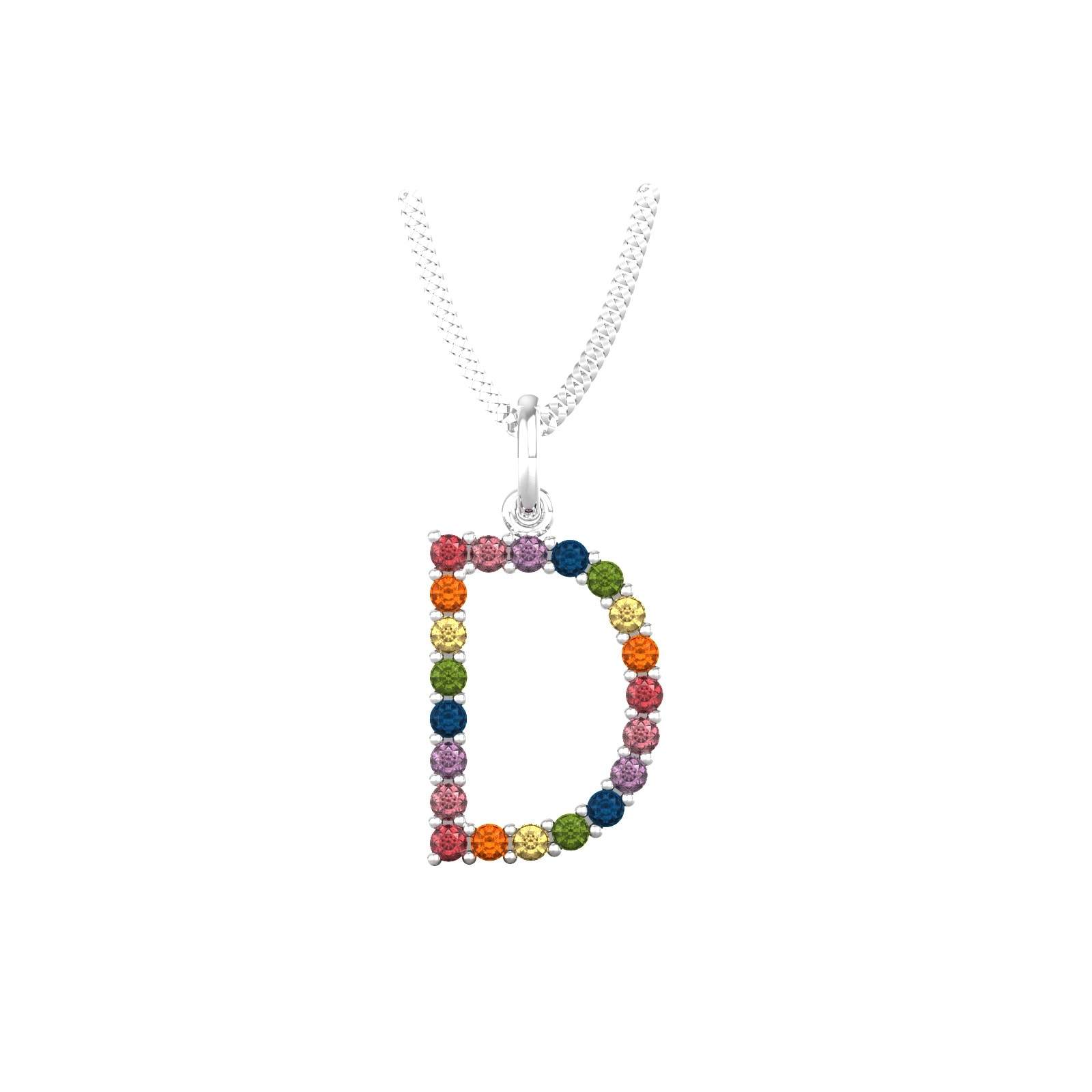 9ct White Gold Rainbow Sapphire Initial D Pendant & Chain