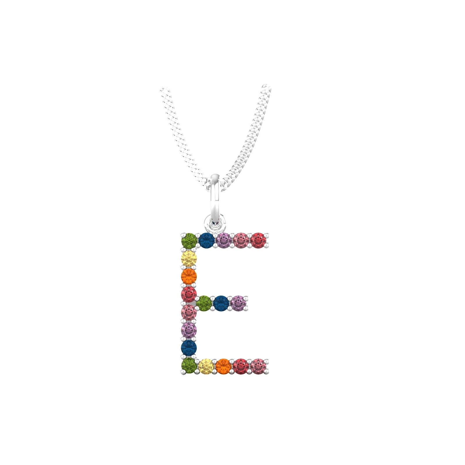 9ct White Gold Rainbow Sapphire Initial E Pendant & Chain