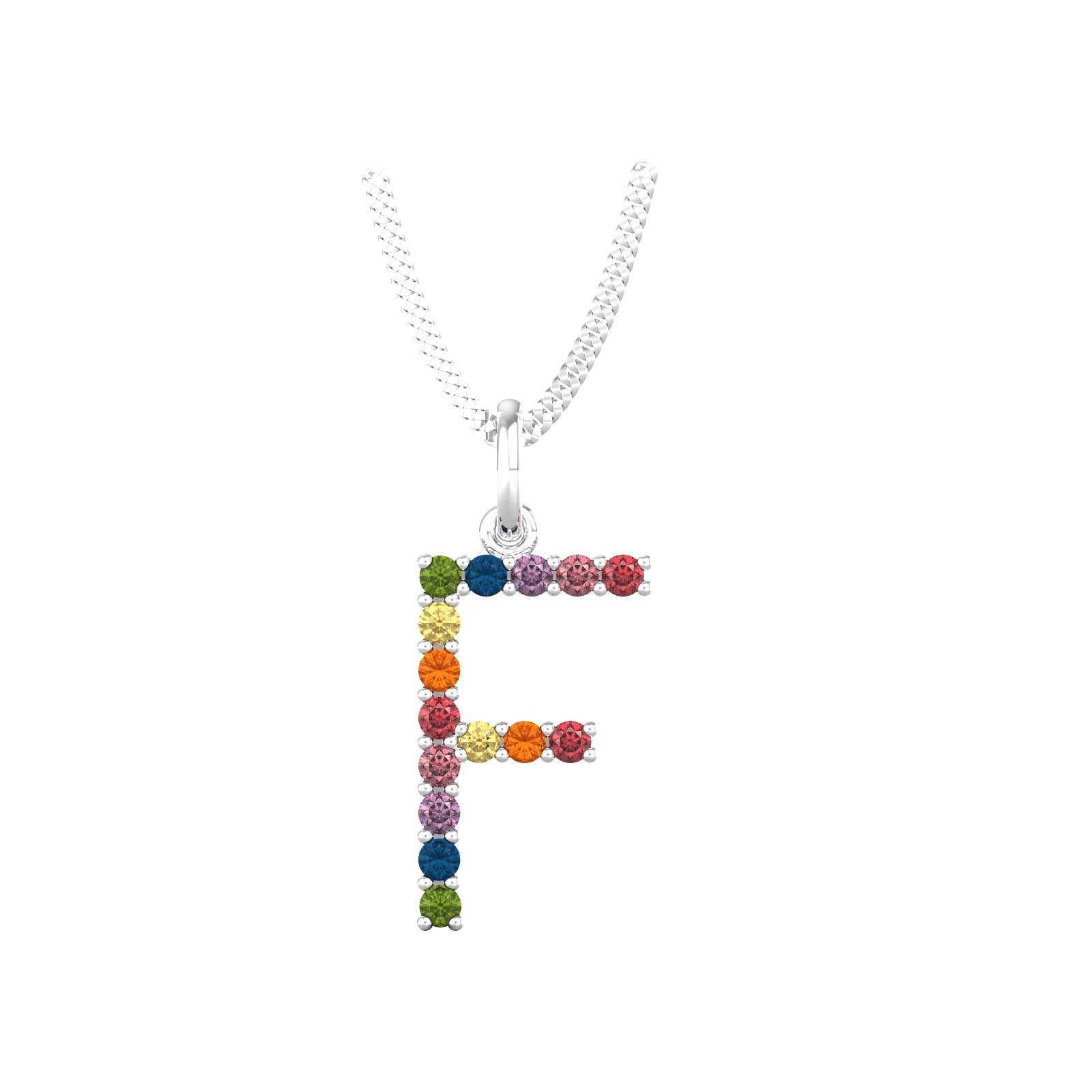 9ct White Gold Rainbow Sapphire Initial F Pendant & Chain