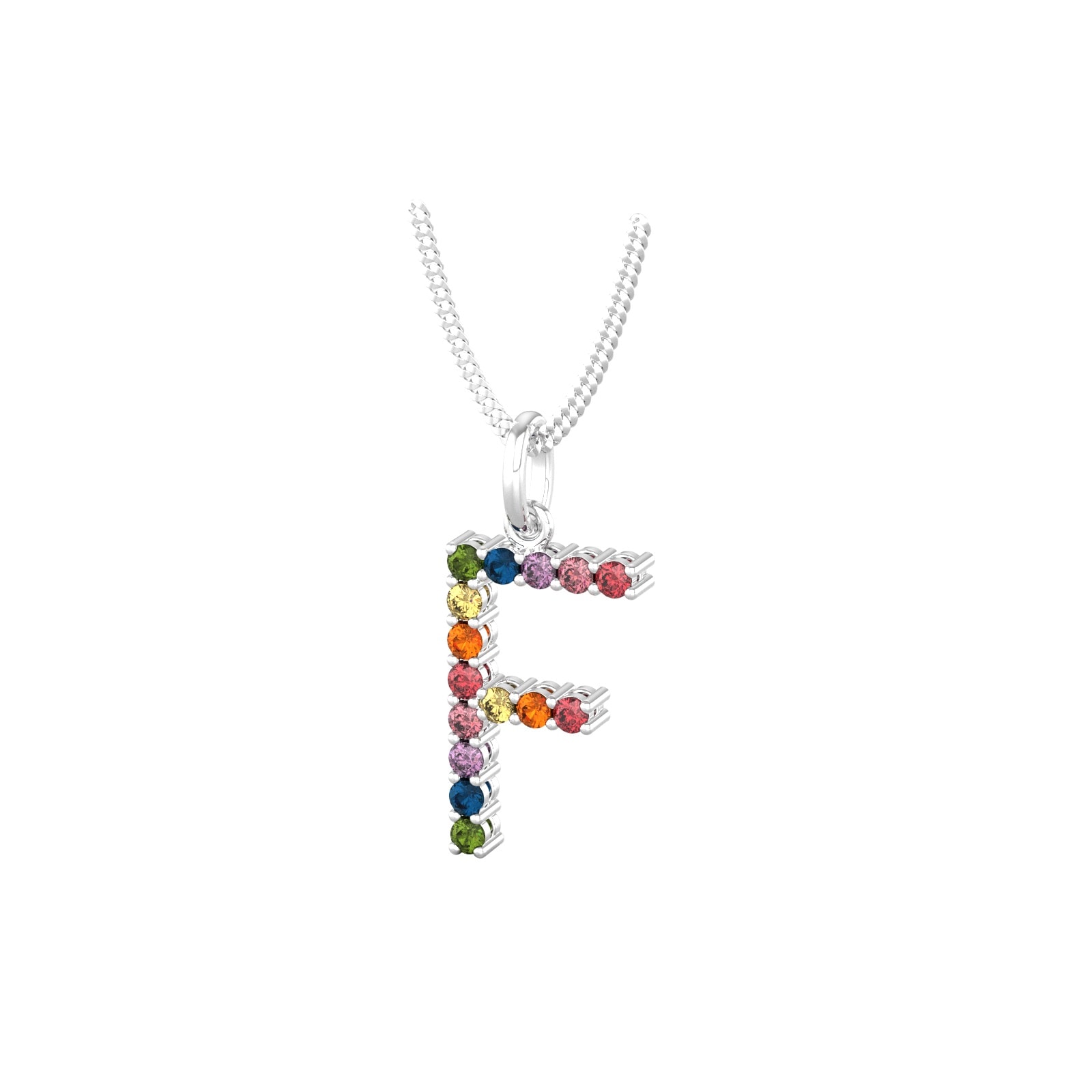 By Request 9ct White Gold Rainbow Sapphire Initial F Pendant & Chain