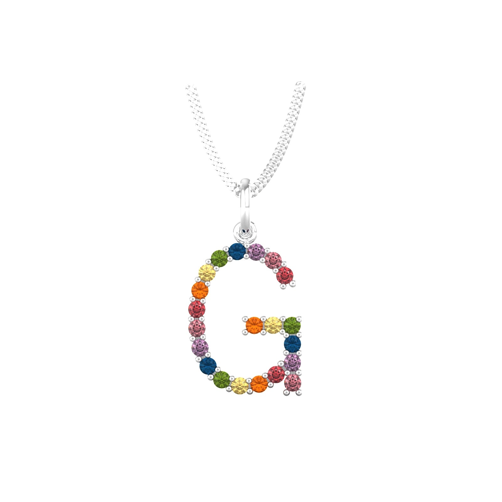 9ct White Gold Rainbow Sapphire Initial G Pendant & Chain