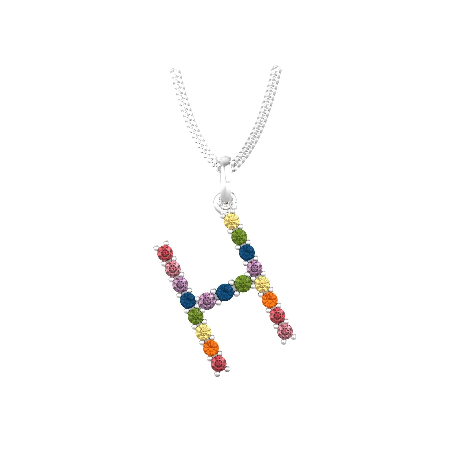 9ct White Gold Rainbow Sapphire Initial H Pendant & Chain