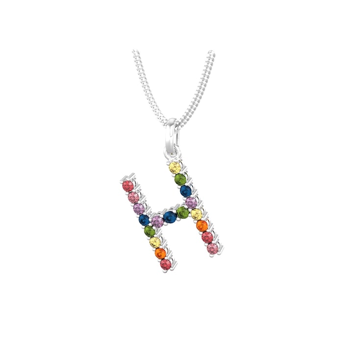 By Request 9ct White Gold Rainbow Sapphire Initial H Pendant & Chain