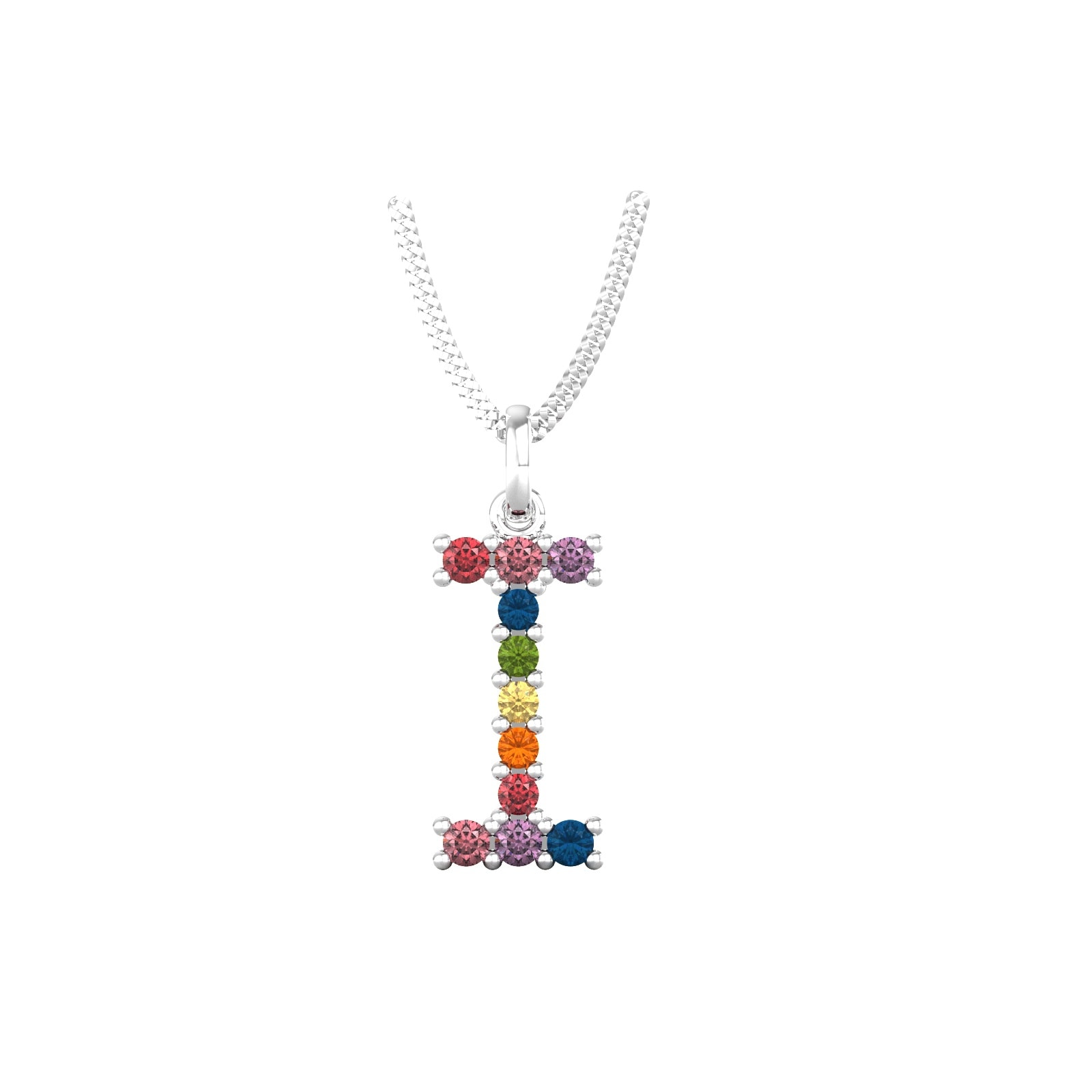 By Request 9ct White Gold Rainbow Sapphire Initial I Pendant & Chain