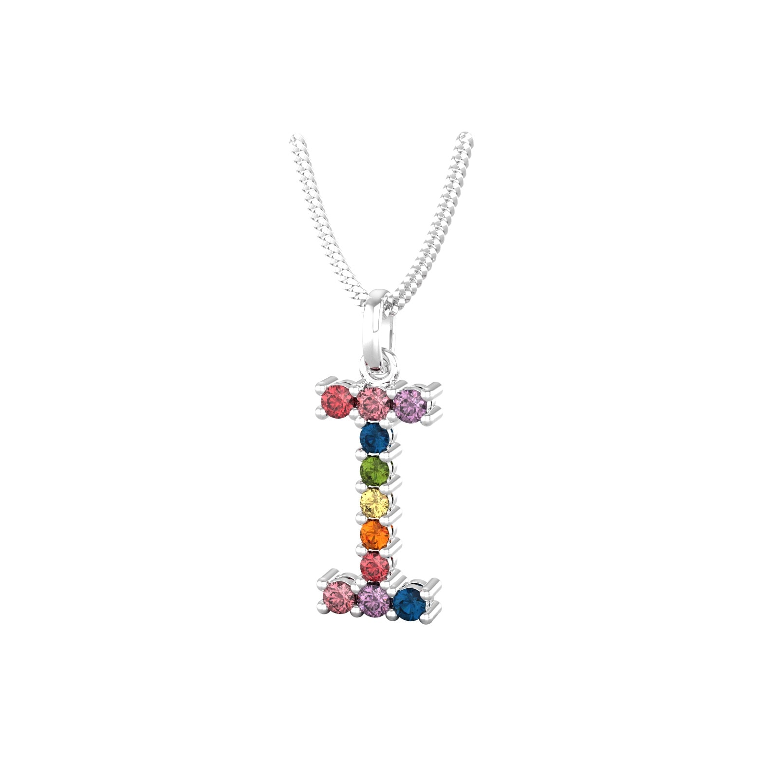 By Request 9ct White Gold Rainbow Sapphire Initial I Pendant & Chain