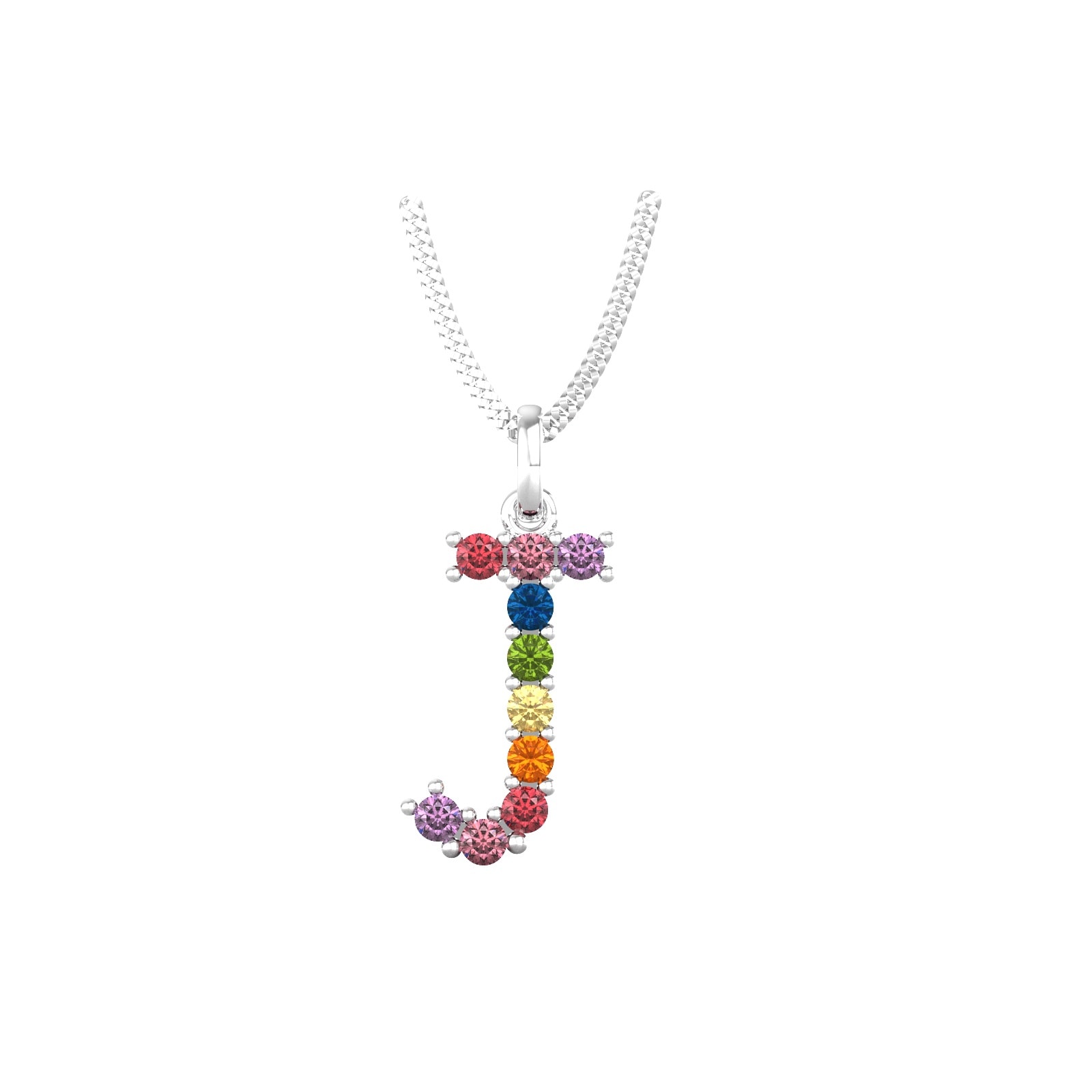 By Request 9ct White Gold Rainbow Sapphire Initial J Pendant & Chain