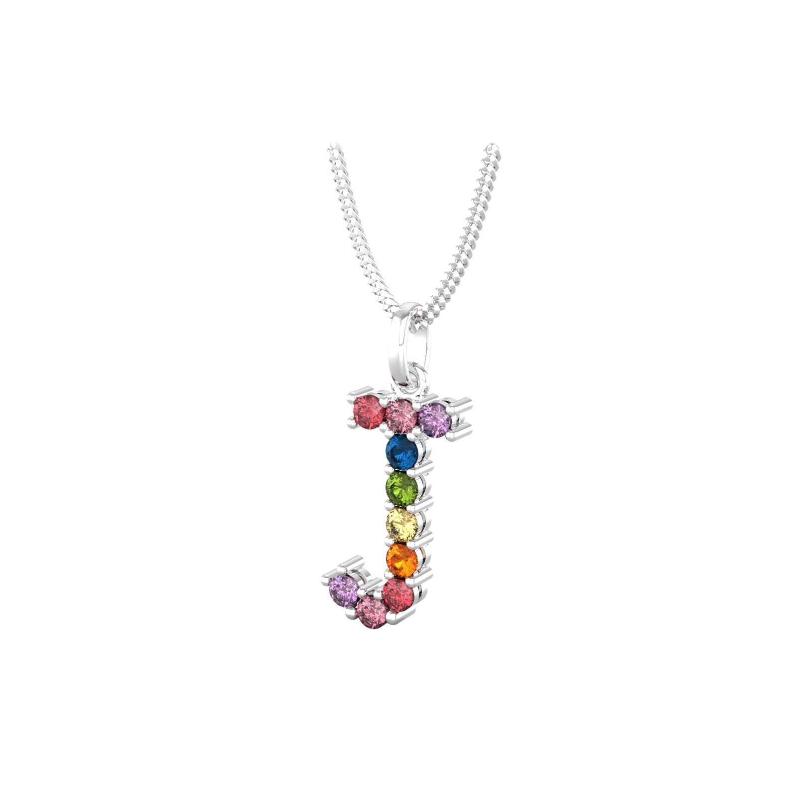 By Request 9ct White Gold Rainbow Sapphire Initial J Pendant & Chain
