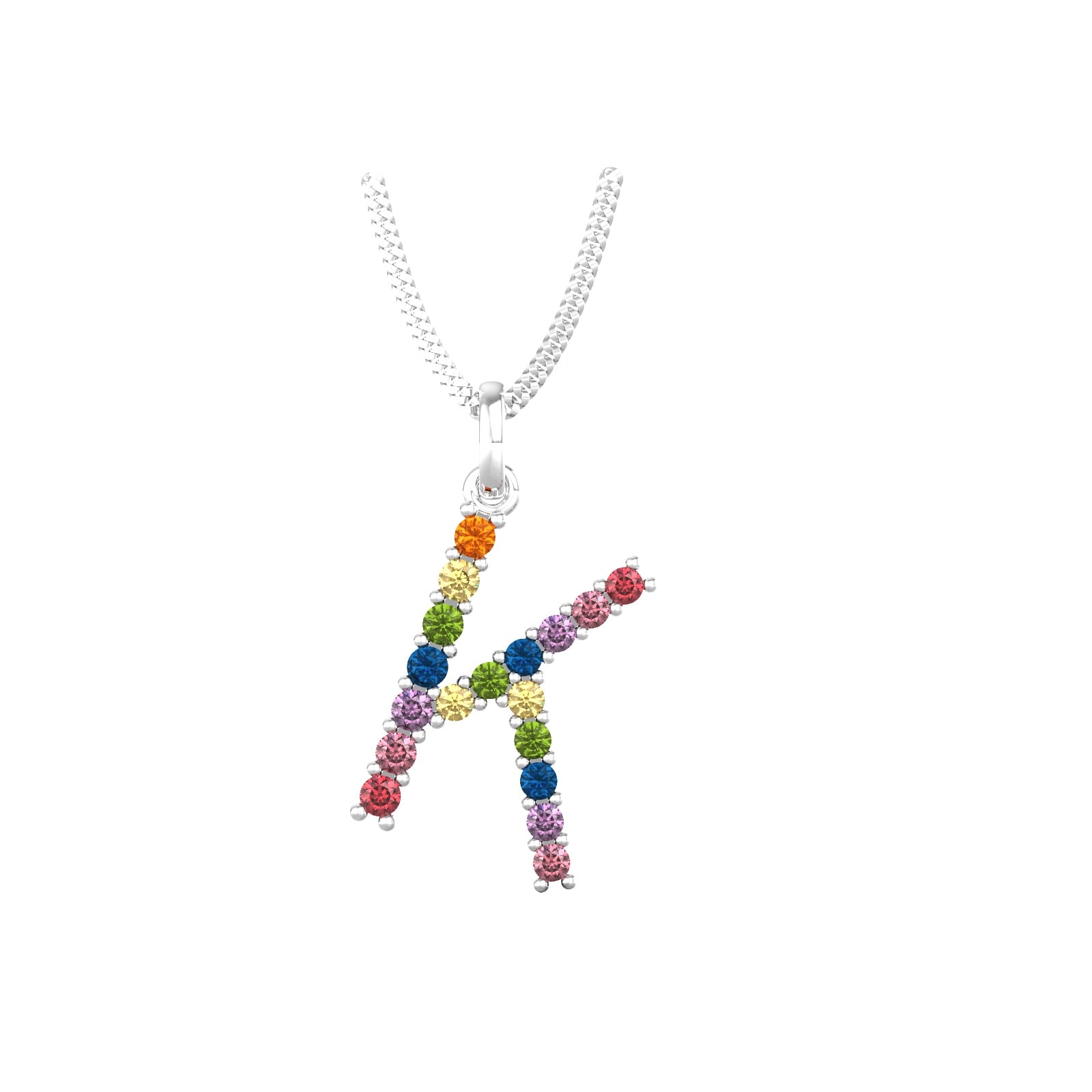 By Request 9ct White Gold Rainbow Sapphire Initial K Pendant & Chain