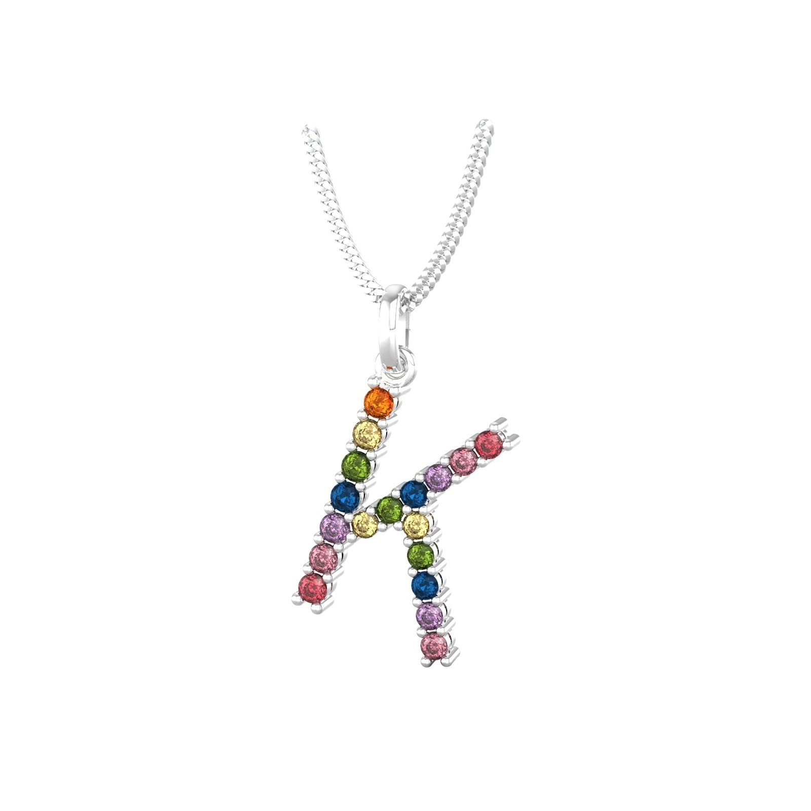 By Request 9ct White Gold Rainbow Sapphire Initial K Pendant & Chain