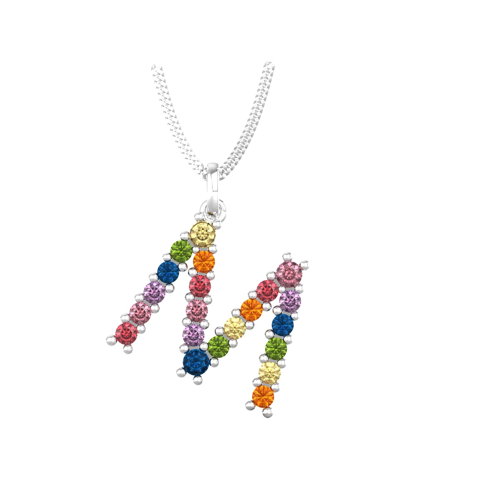 9ct White Gold Rainbow Sapphire Initial M Pendant & Chain
