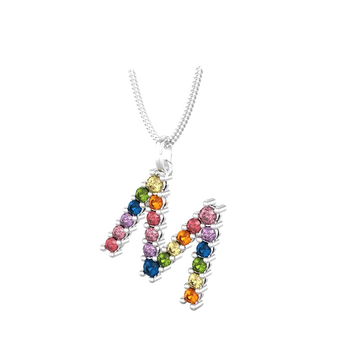 By Request 9ct White Gold Rainbow Sapphire Initial M Pendant & Chain