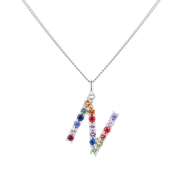 By Request 9ct White Gold Rainbow Sapphire Initial N Pendant & Chain