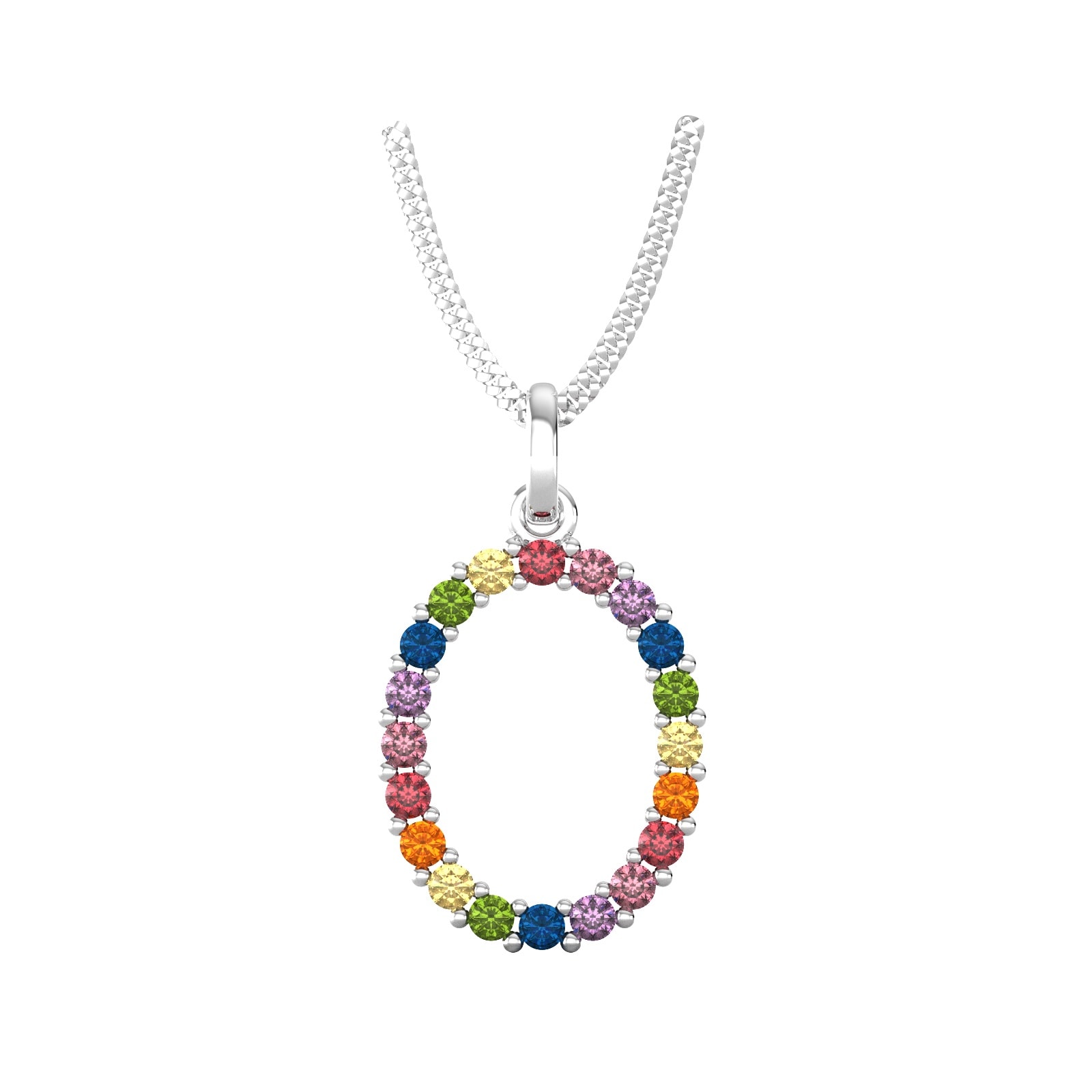 9ct White Gold Rainbow Sapphire Initial O Pendant & Chain