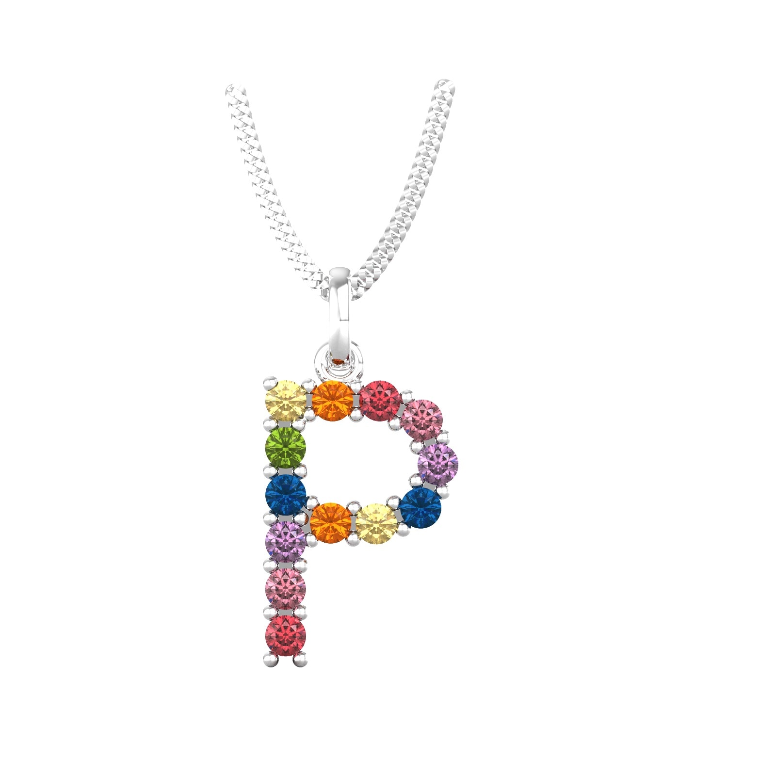 9ct White Gold Rainbow Sapphire Initial P Pendant & Chain