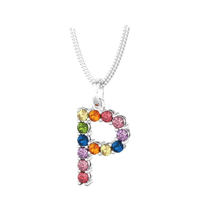 By Request 9ct White Gold Rainbow Sapphire Initial P Pendant & Chain