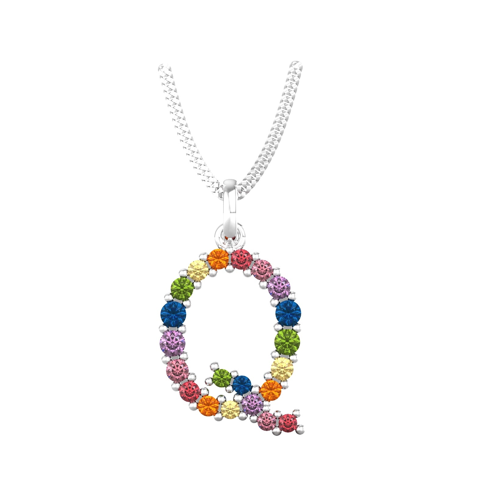 9ct White Gold Rainbow Sapphire Initial Q Pendant & Chain