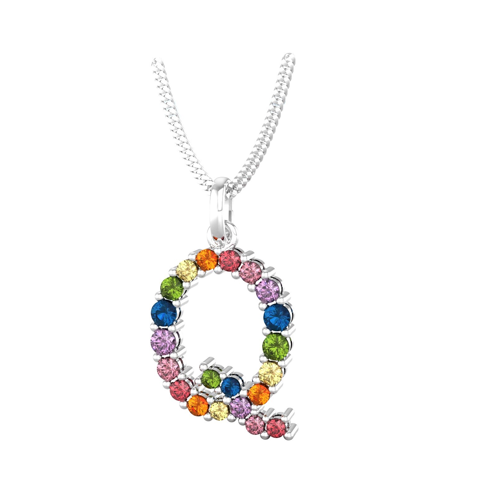 By Request 9ct White Gold Rainbow Sapphire Initial Q Pendant & Chain By Request 9ct White Gold Rainbow Sapphire Initial Q Pendant & Chain