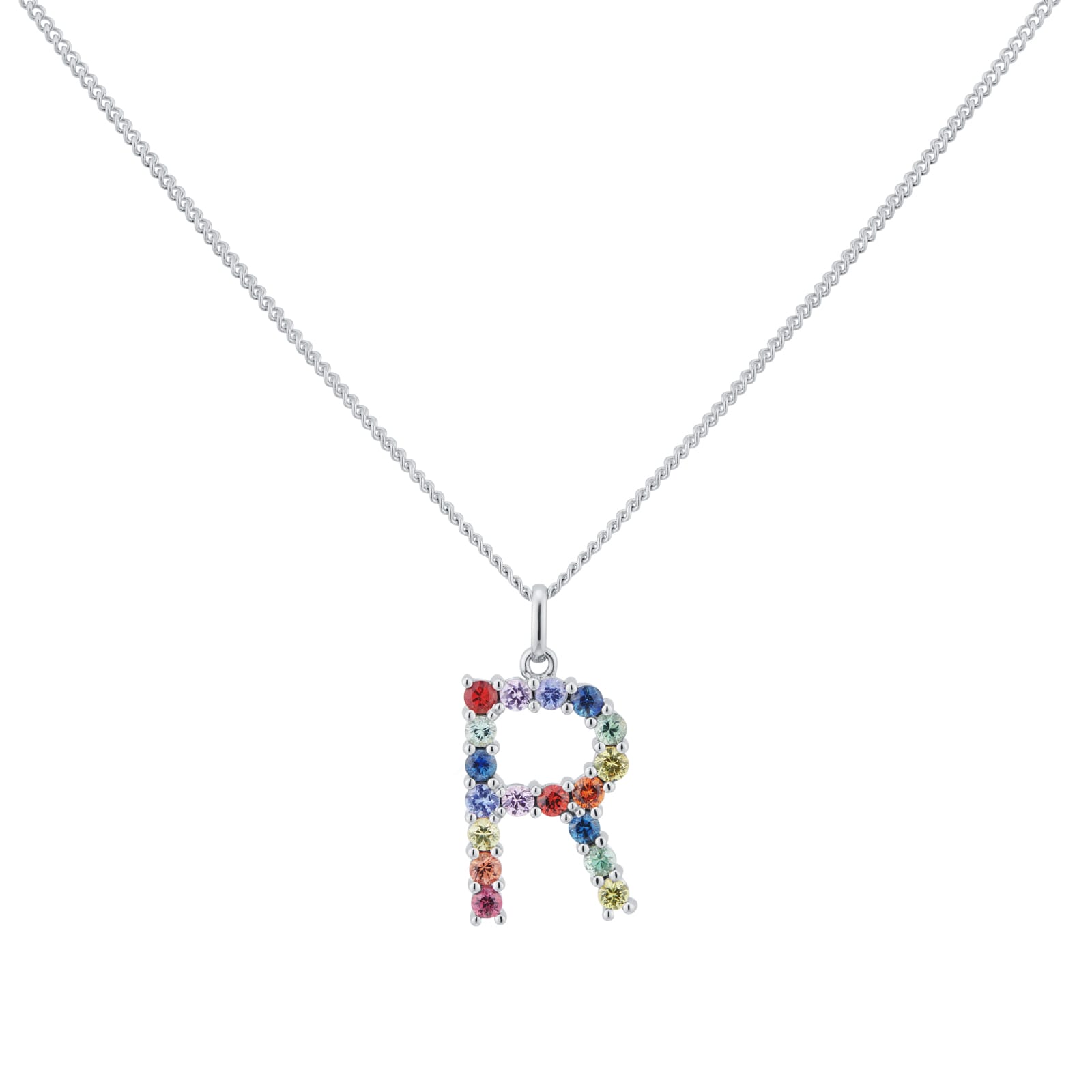 9ct White Gold Rainbow Sapphire Initial R Pendant & Chain