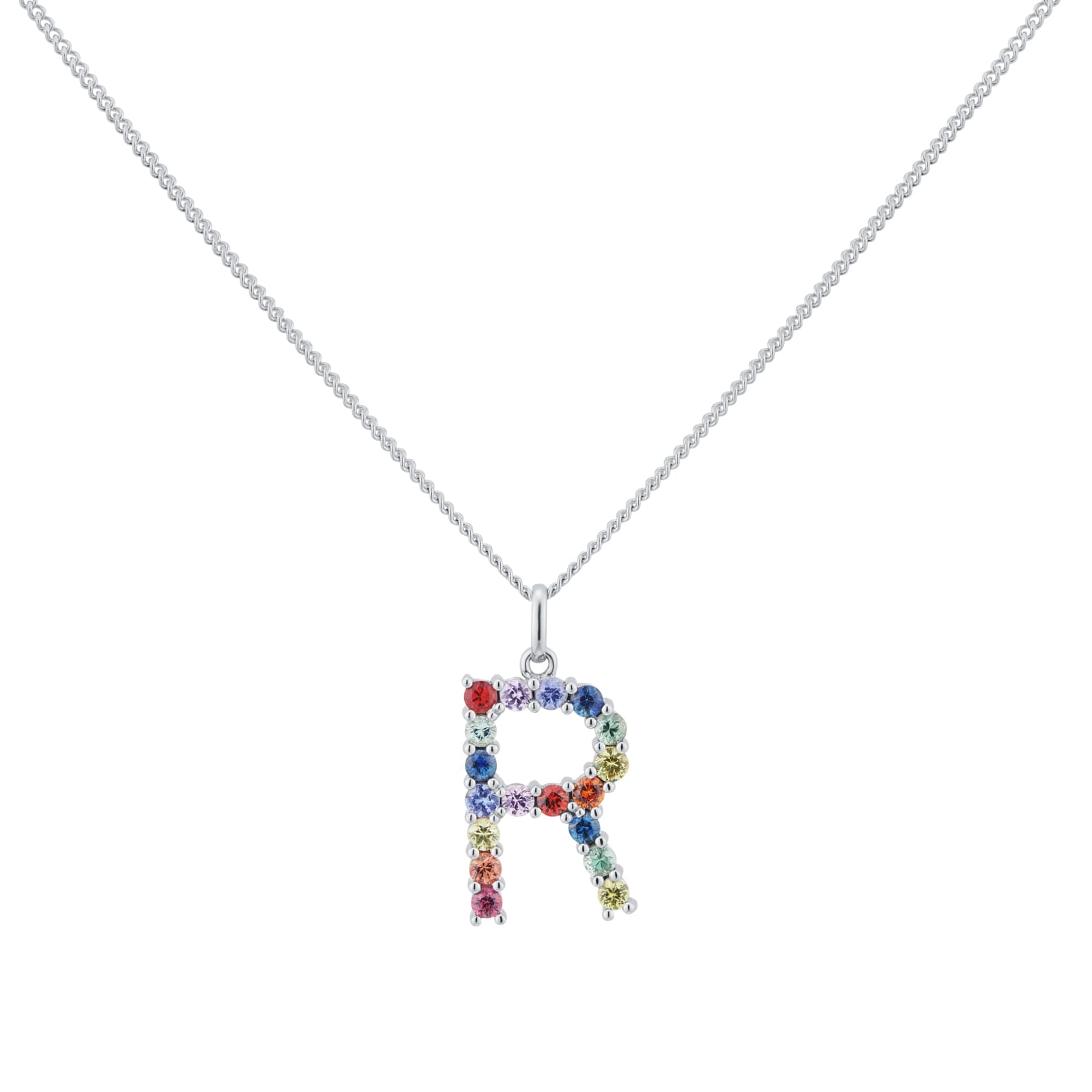 By Request 9ct White Gold Rainbow Sapphire Initial R Pendant & Chain