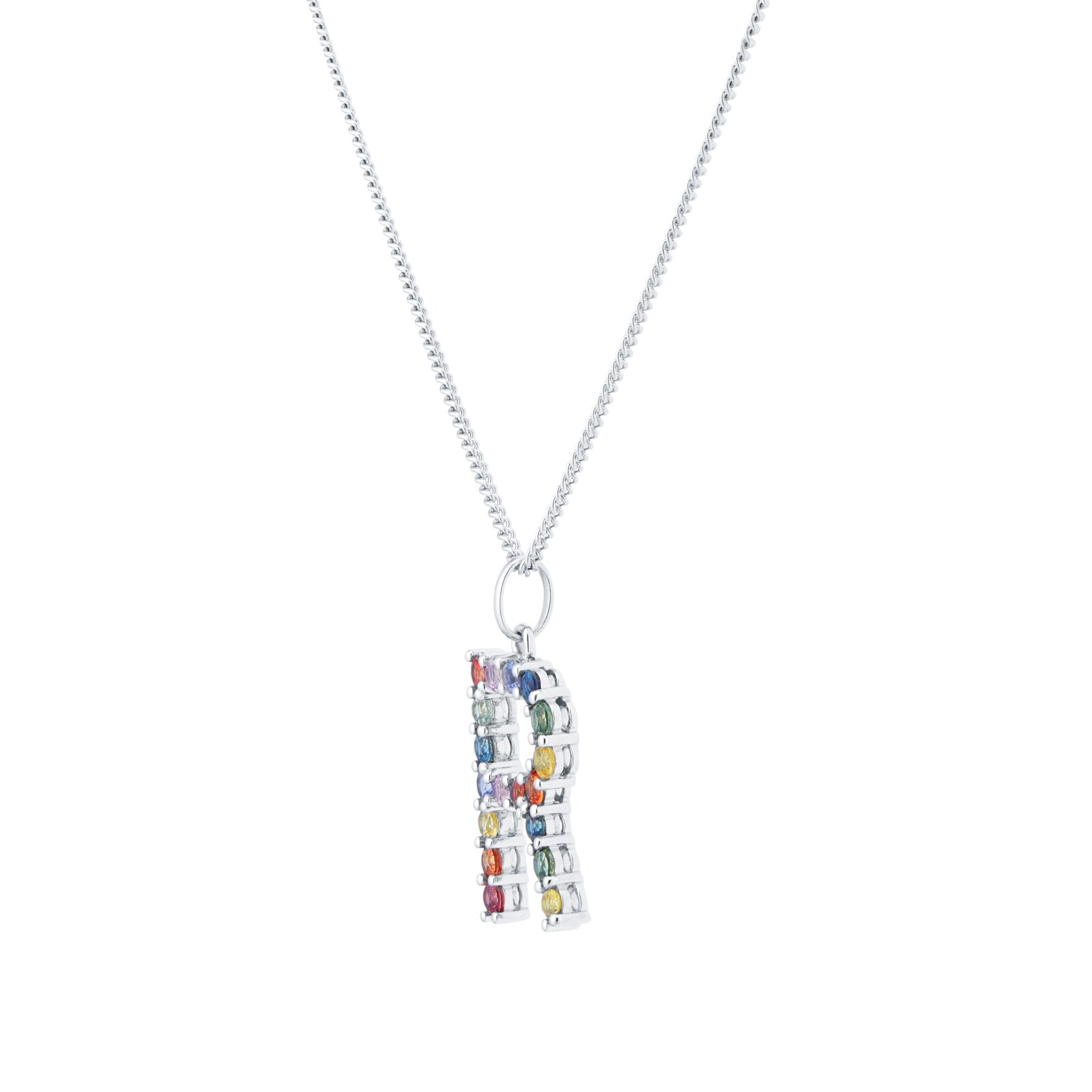 By Request 9ct White Gold Rainbow Sapphire Initial R Pendant & Chain