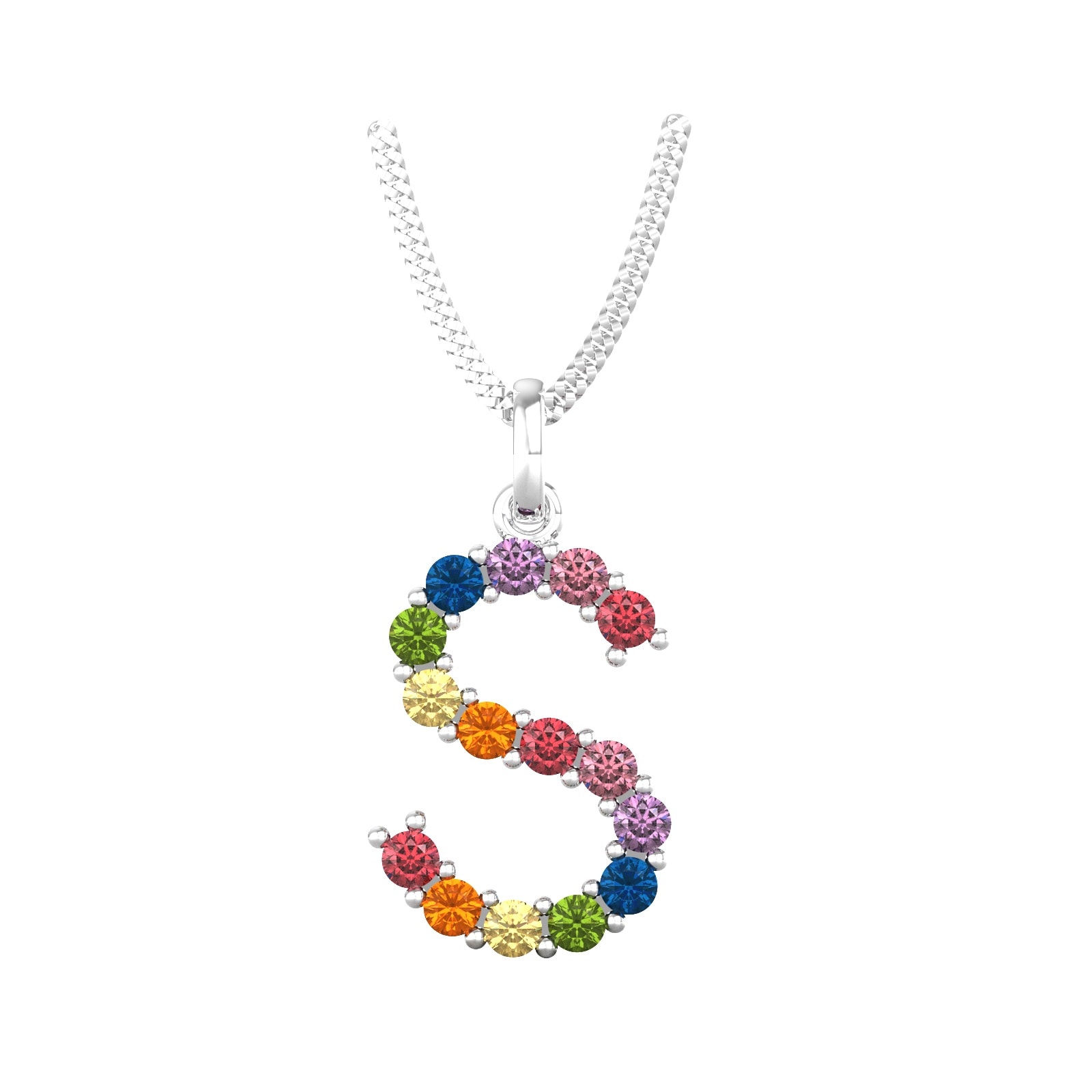 9ct White Gold Rainbow Sapphire Initial S Pendant & Chain