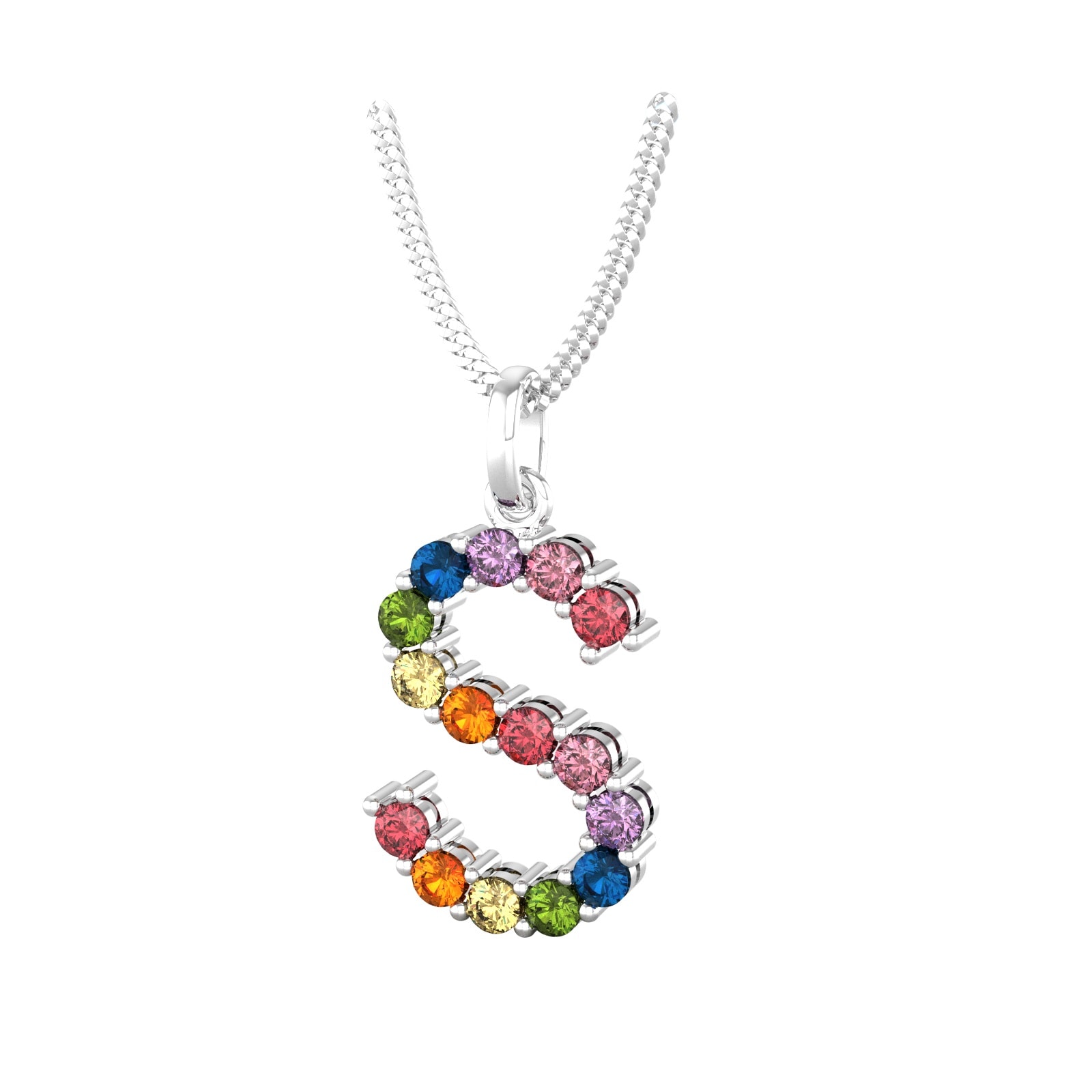 By Request 9ct White Gold Rainbow Sapphire Initial S Pendant & Chain