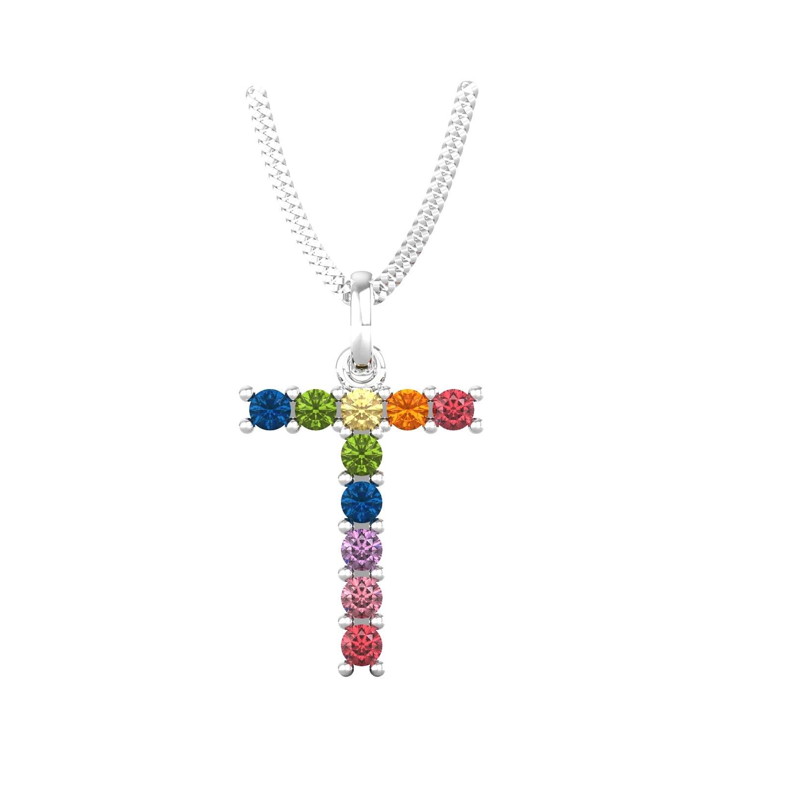 9ct White Gold Rainbow Sapphire Initial T Pendant & Chain