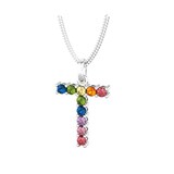 By Request 9ct White Gold Rainbow Sapphire Initial T Pendant & Chain
