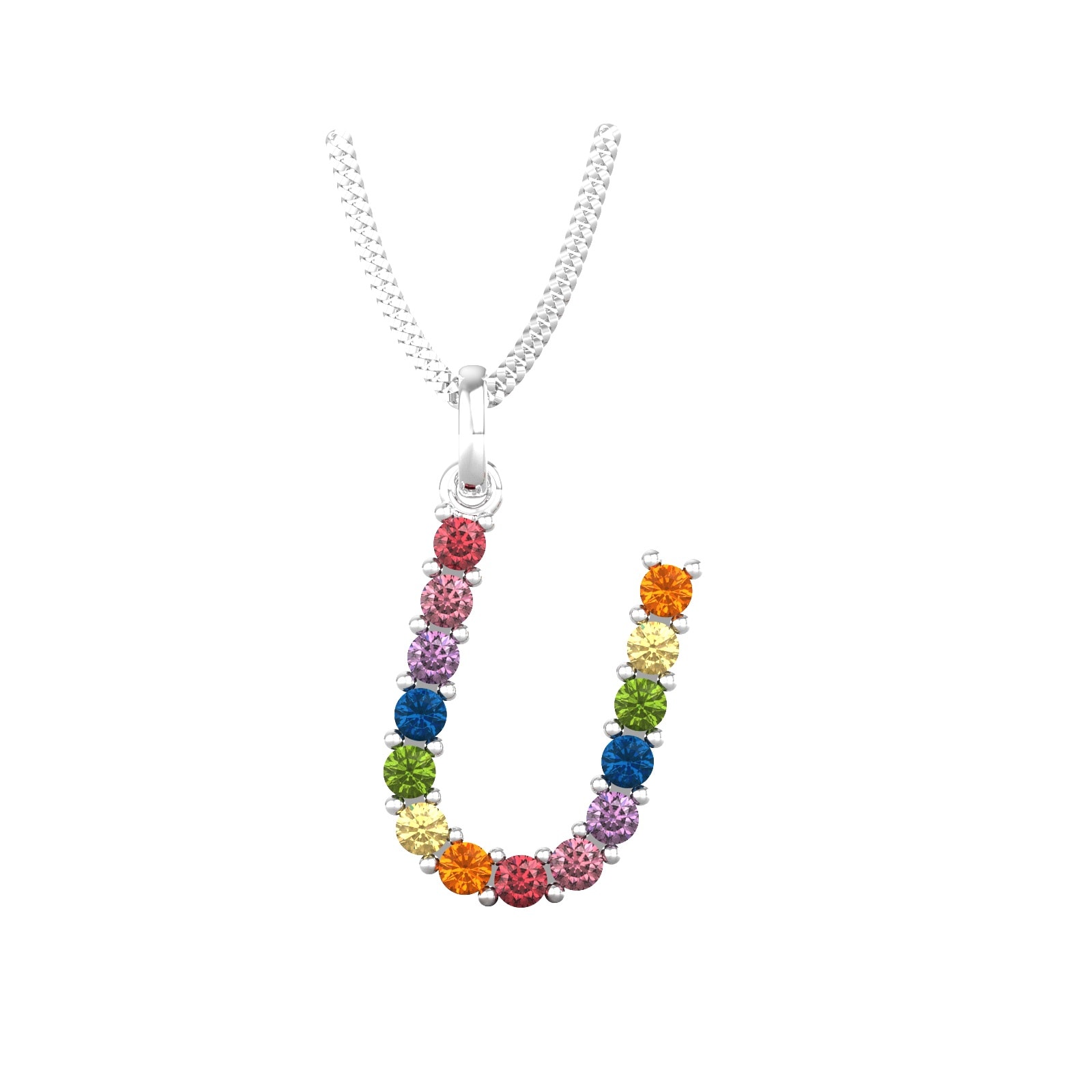 9ct White Gold Rainbow Sapphire Initial U Pendant & Chain