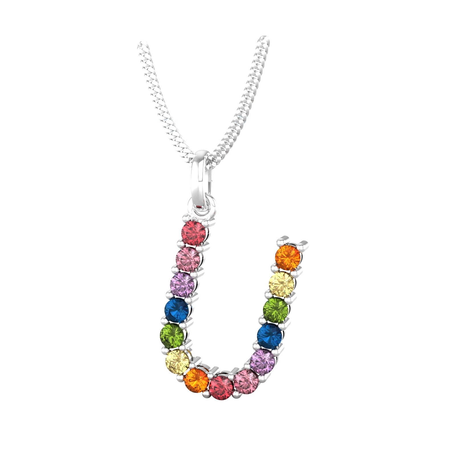By Request 9ct White Gold Rainbow Sapphire Initial U Pendant & Chain