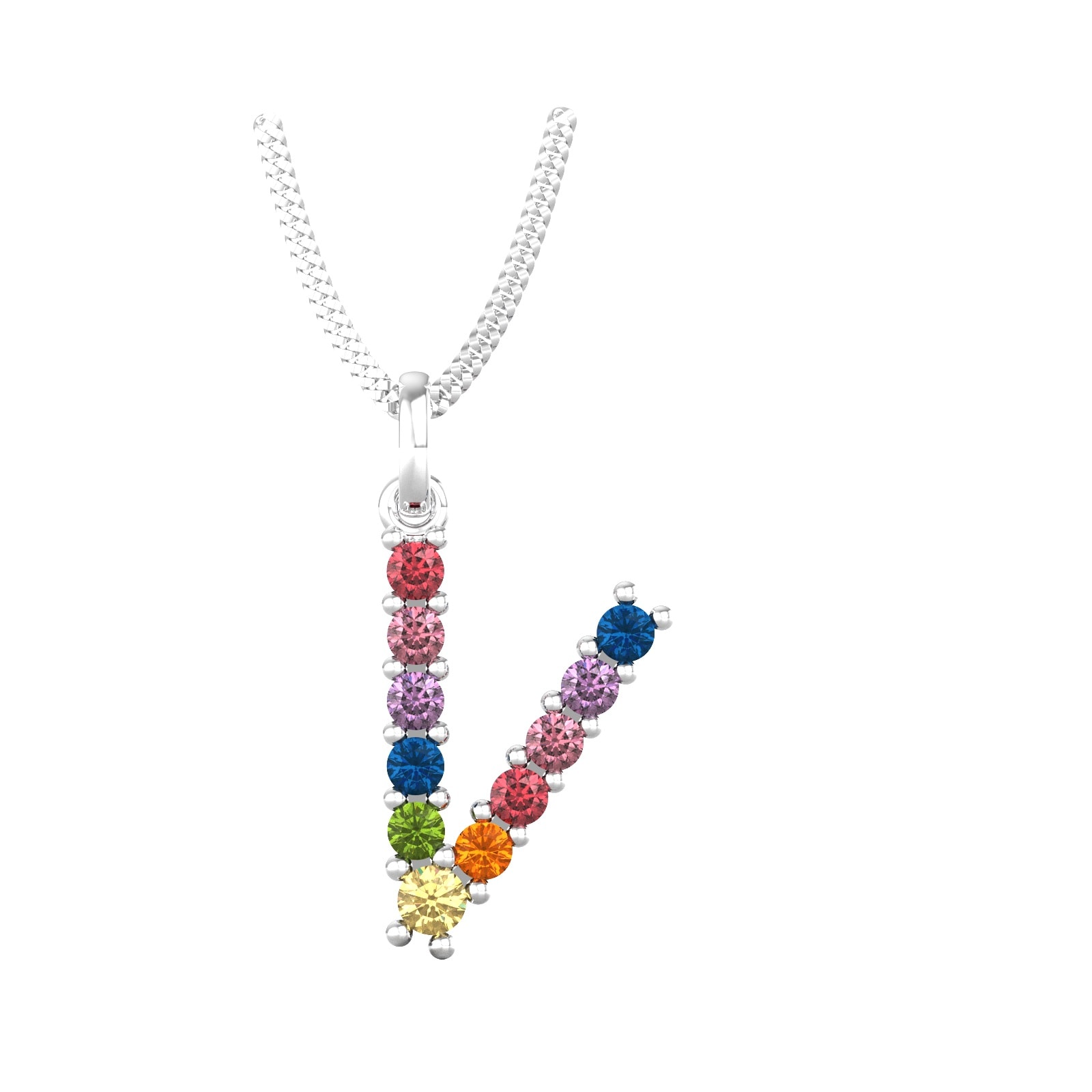 9ct White Gold Rainbow Sapphire Initial V Pendant & Chain