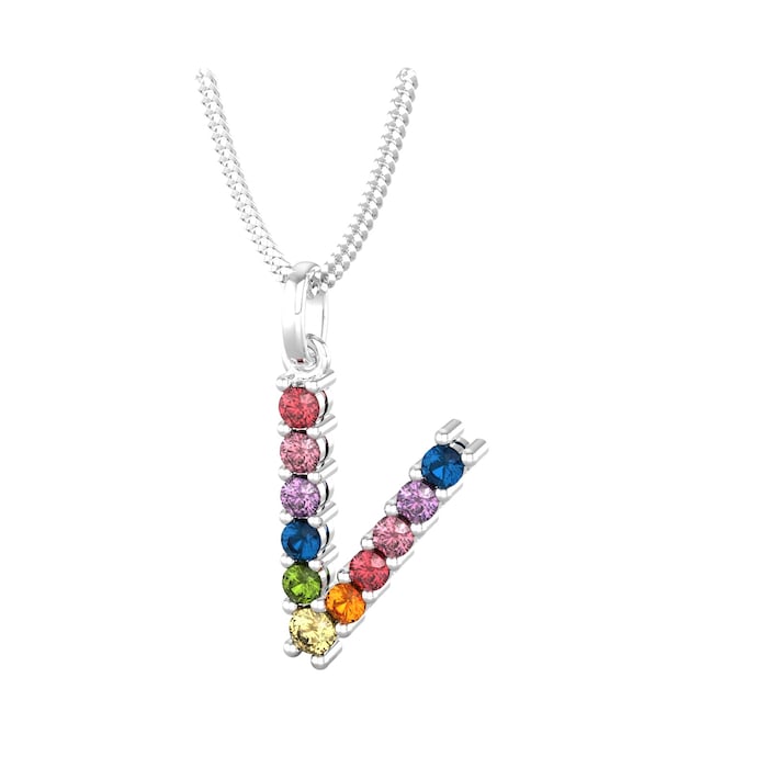 By Request 9ct White Gold Rainbow Sapphire Initial V Pendant & Chain