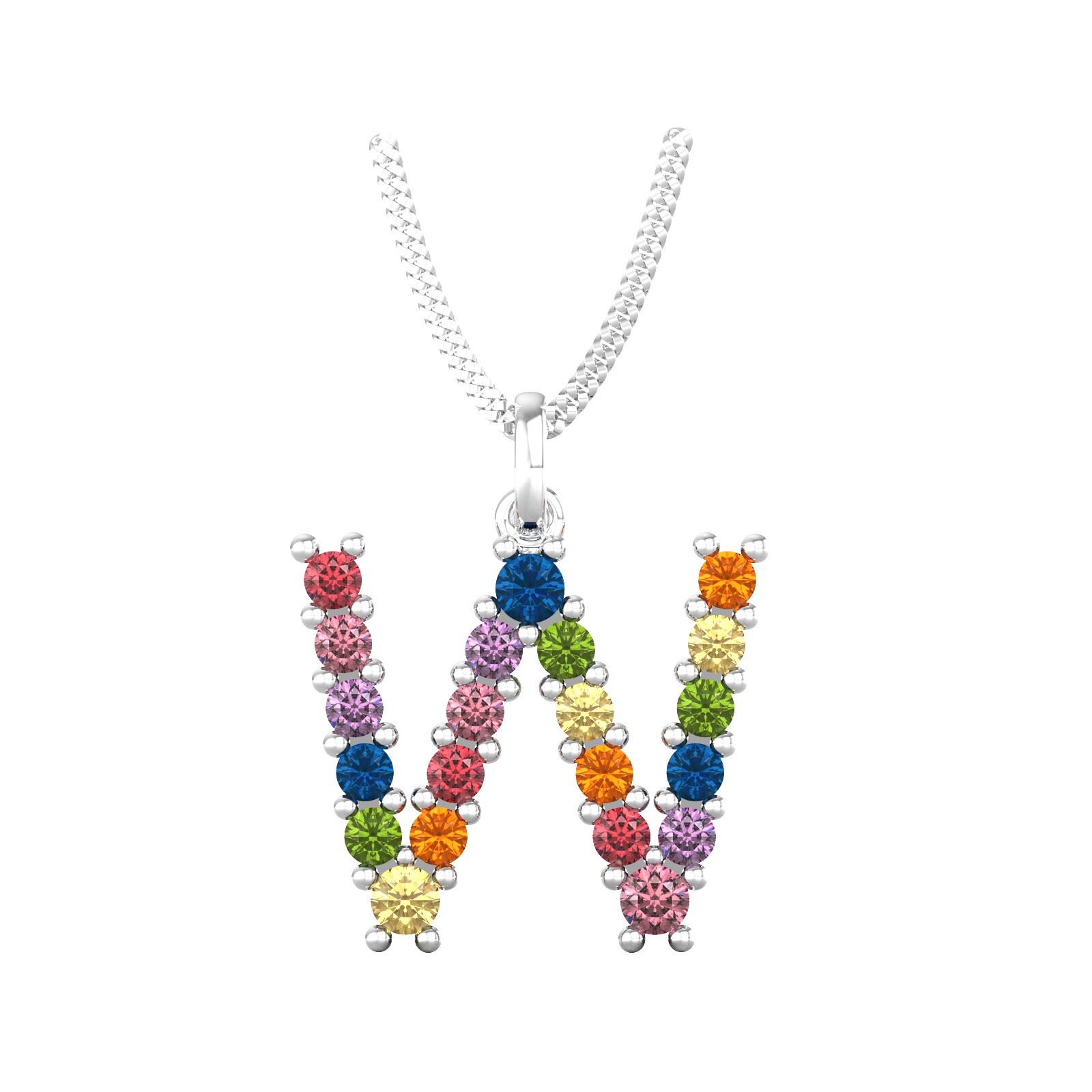 9ct White Gold Rainbow Sapphire Initial W Pendant & Chain