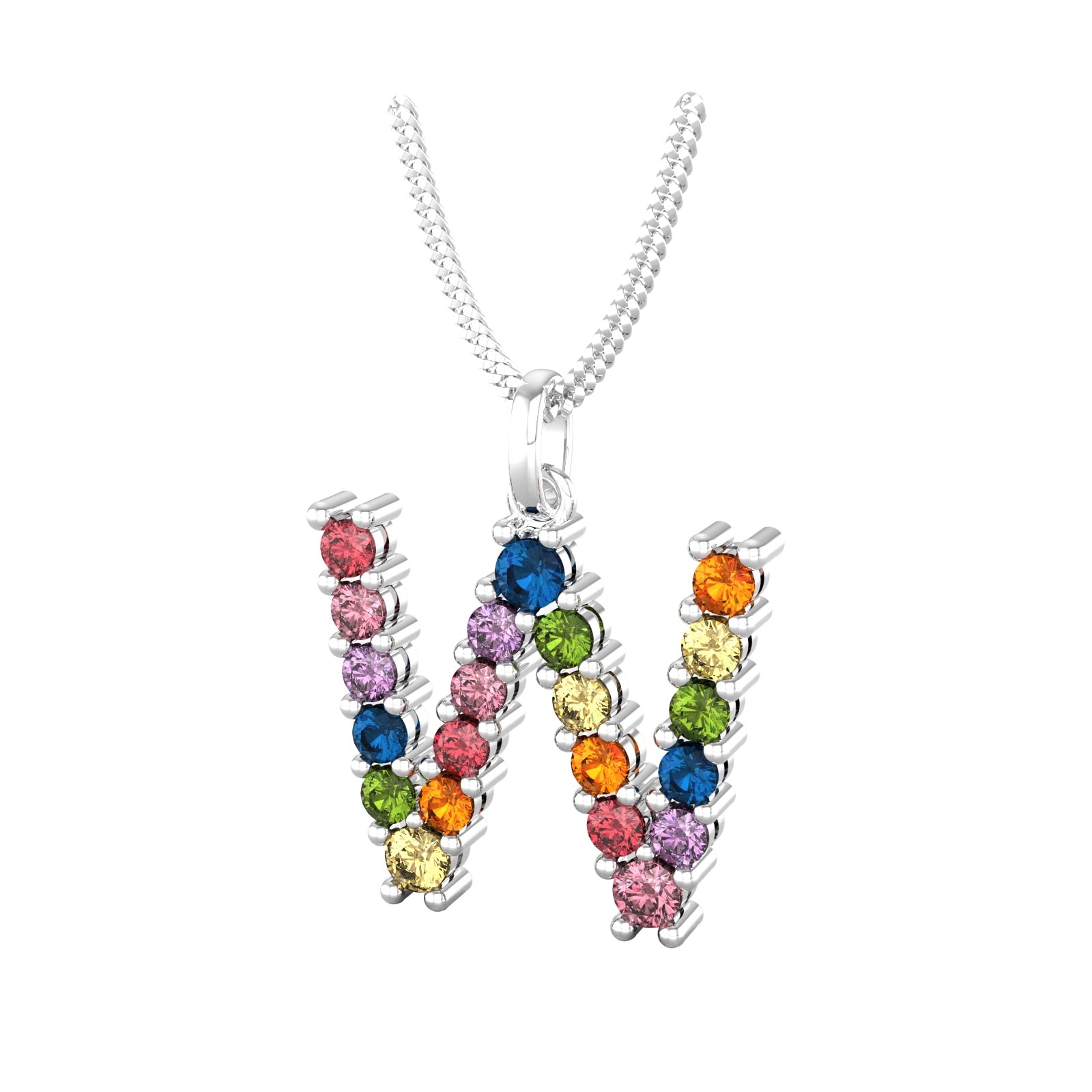 By Request 9ct White Gold Rainbow Sapphire Initial W Pendant & Chain