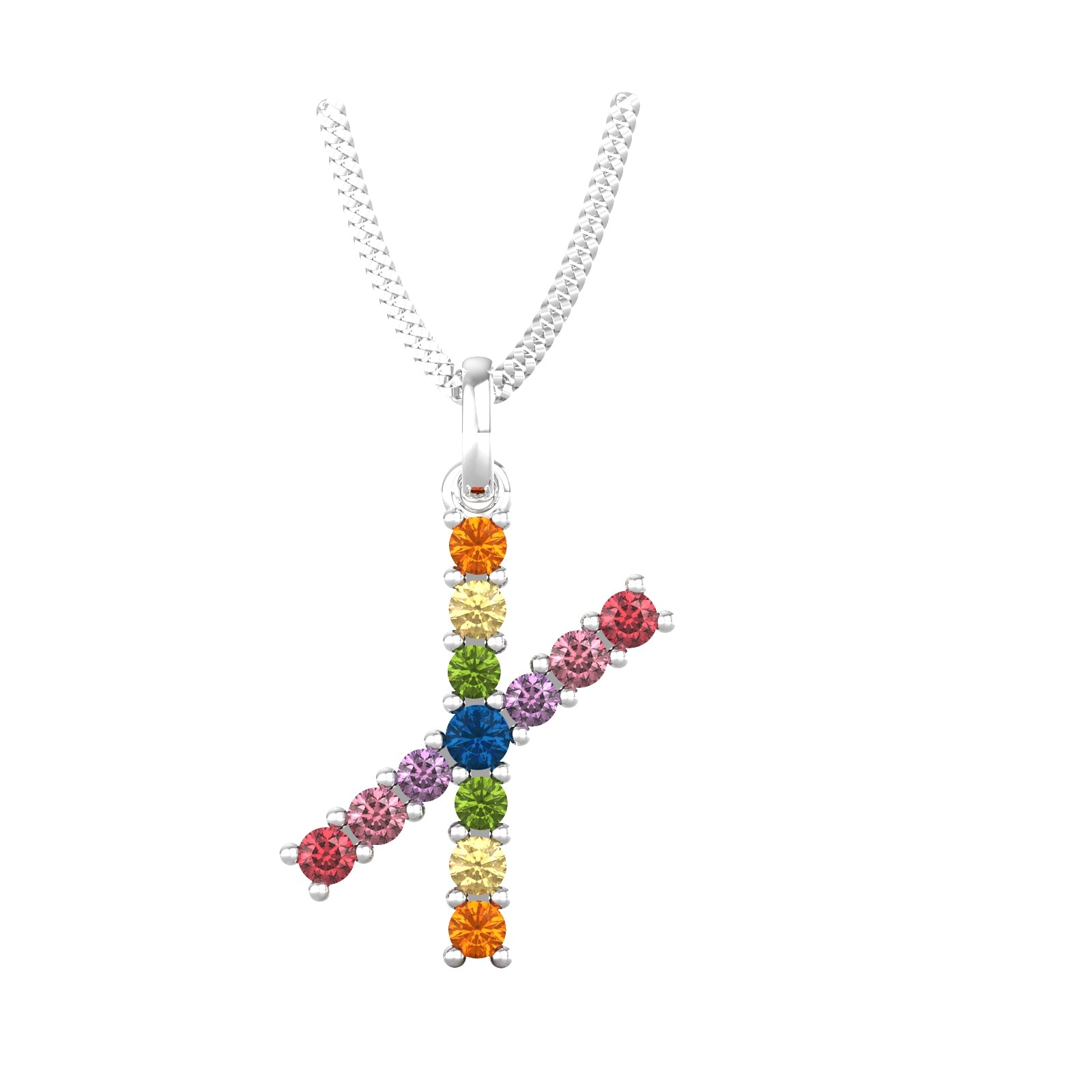 9ct White Gold Rainbow Sapphire Initial X Pendant & Chain