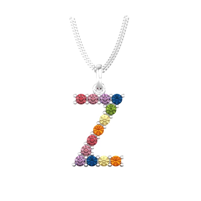 By Request 9ct White Gold Rainbow Sapphire Initial Z Pendant & Chain
