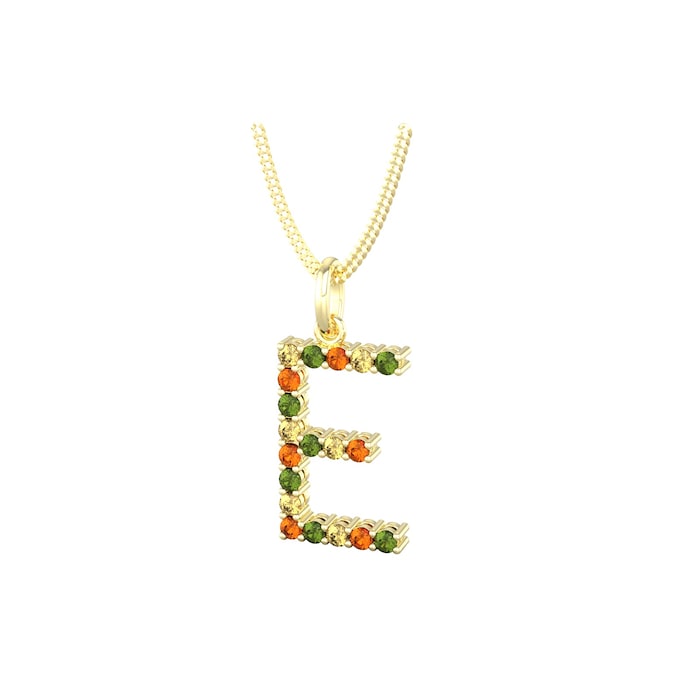 By Request 9ct Yellow Gold Multi Coloured Sapphire Initial E Pendant & Chain