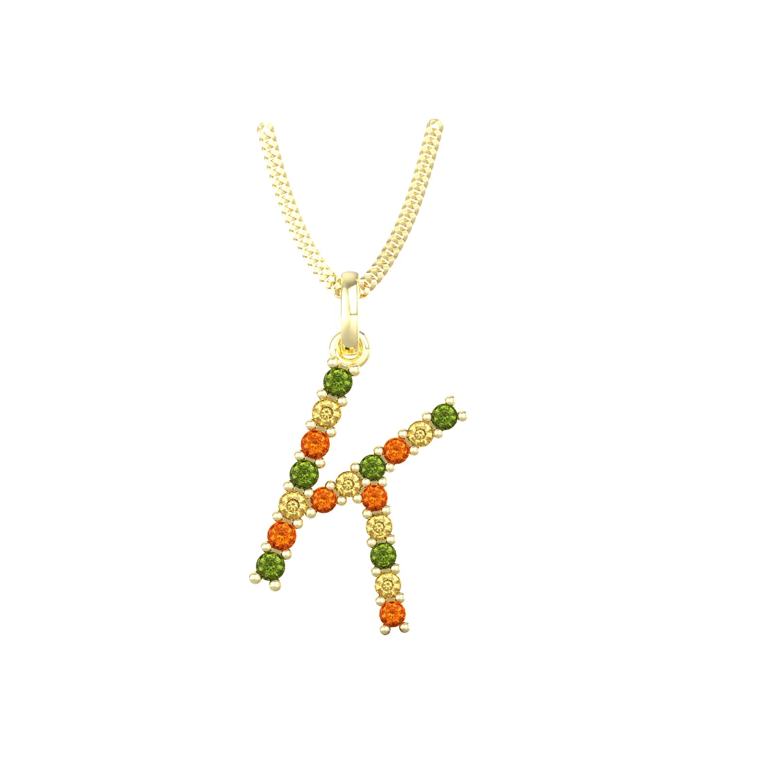 9ct Yellow Gold Multi Coloured Sapphire Initial K Pendant & Chain